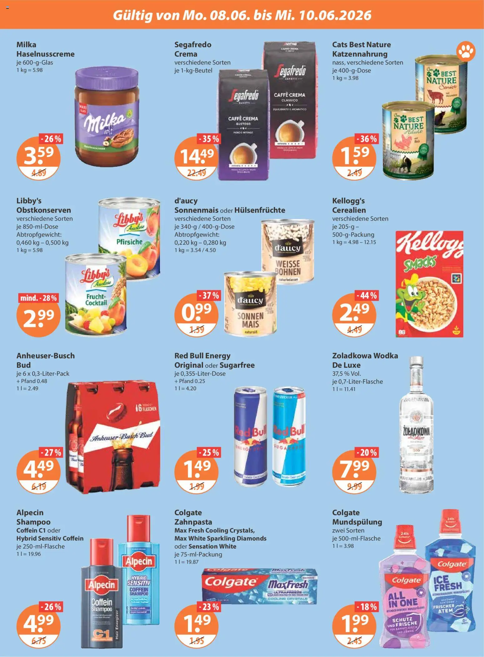 V-Markt Hallertau / Oberpfalz ab Montag – gültig ab 08.06.2026 | Seite: 3 | Produkte: Kellogg's, Milka, Zahnpasta, Wodka