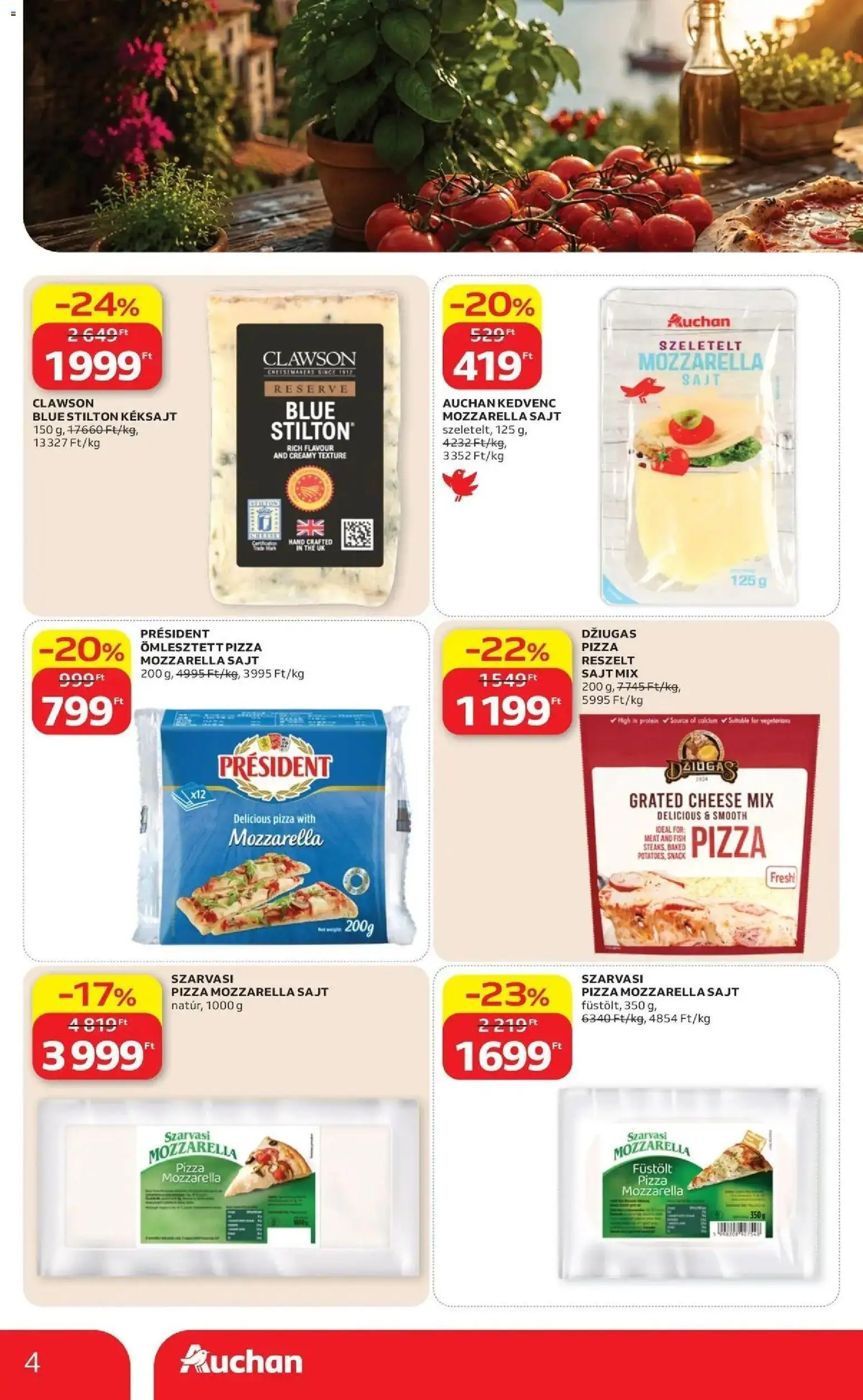 Auchan akciós ujság - amely érvényes a következő dátumtól: 2026.07.09. | Oldal: 4 | Termékek: Mozzarella, Protein, Reszelt sajt, Pizza