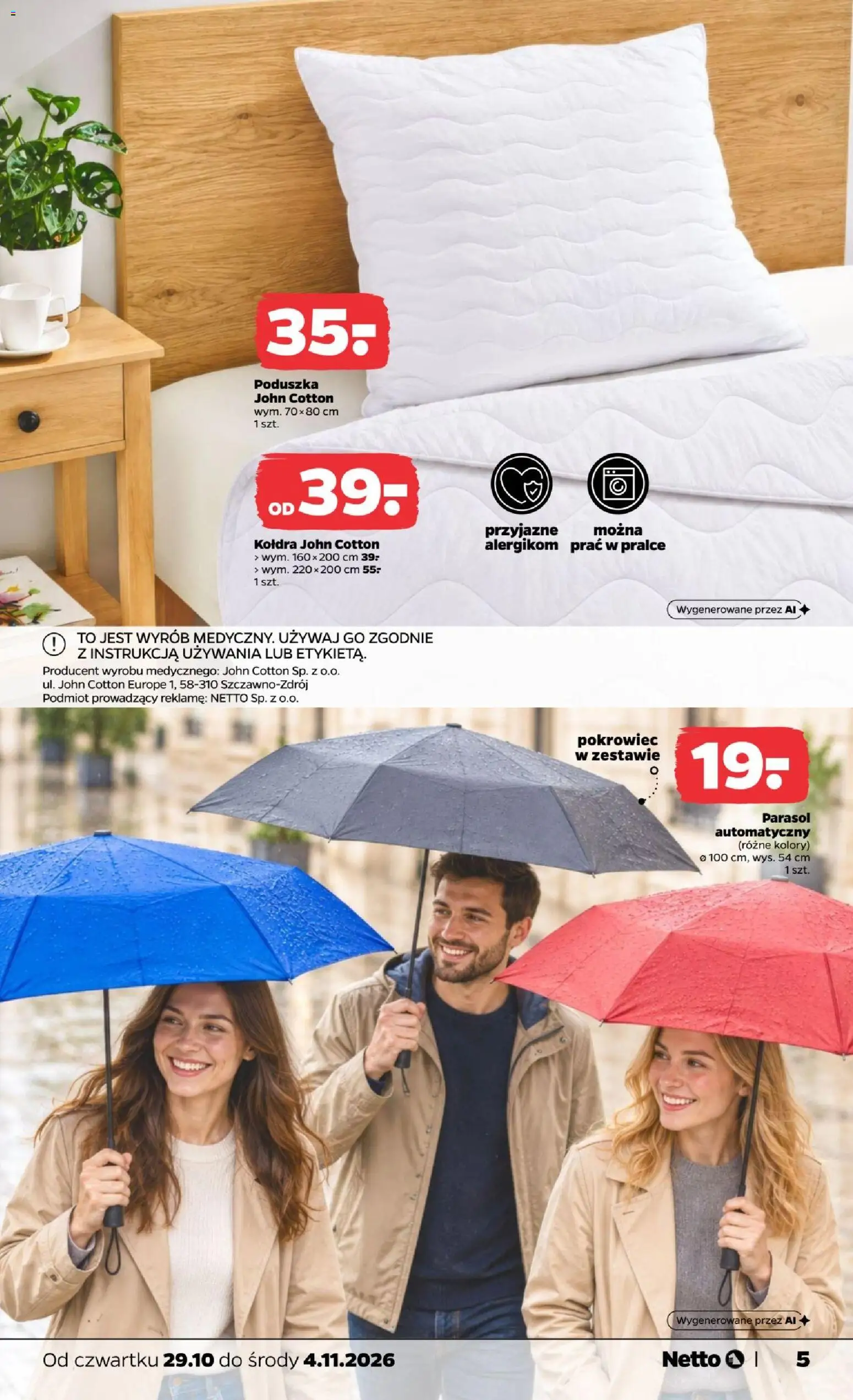 Netto gazetka od czwartku NonFood od 29.10.2026 | Strona: 5 | Produkty: Parasol, Poduszka, Kołdra