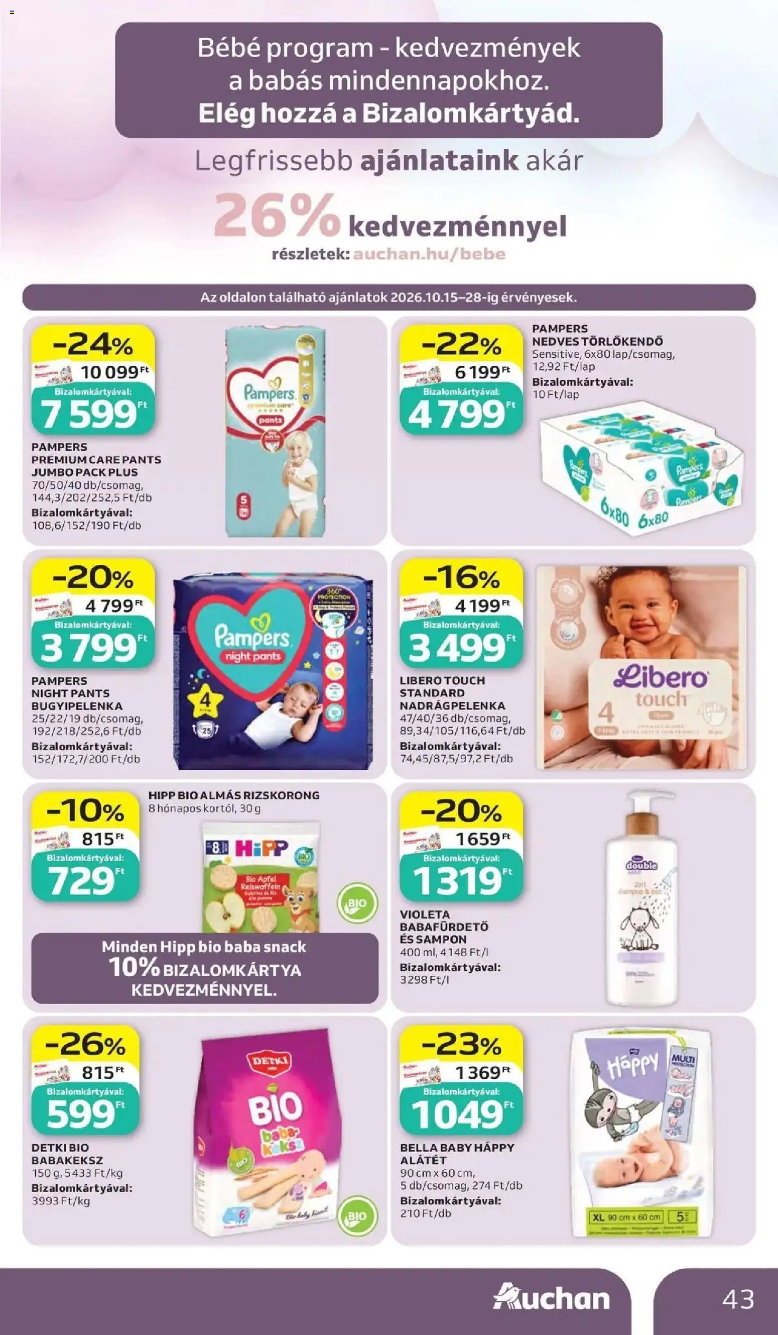 Auchan akciós újság Szolnok - 2026.10.15. -tól/töl > akció, lapozható szórólap 🛍️ | Oldal: 43 | Termékek: Bella, Bugyipelenka, Baba, Detki