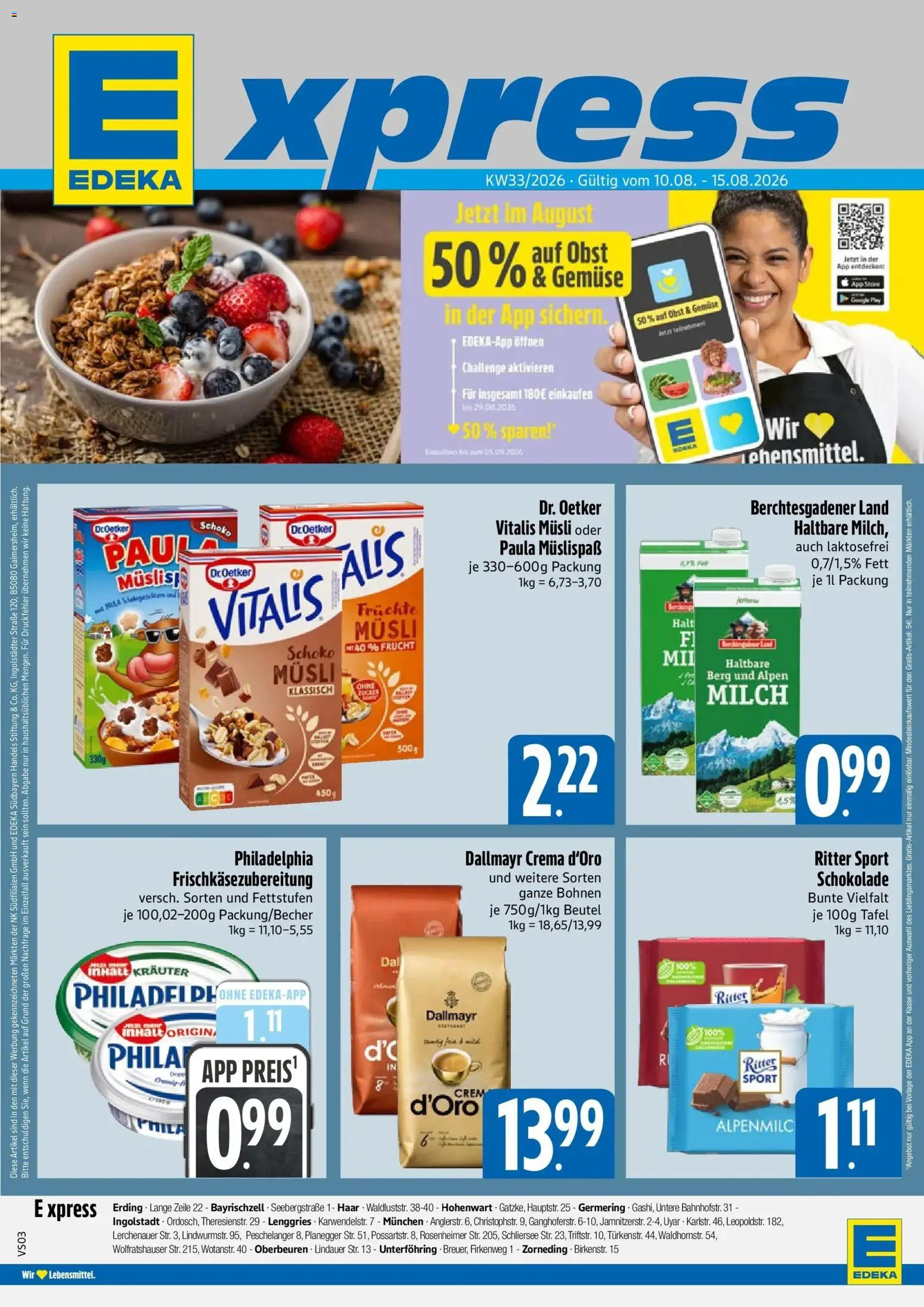 E xpress Prospekt München – gültig ab 10.08.2026 | Seite: 1 | Produkte: Milch, Philadelphia, Ritter sport, Gemüse