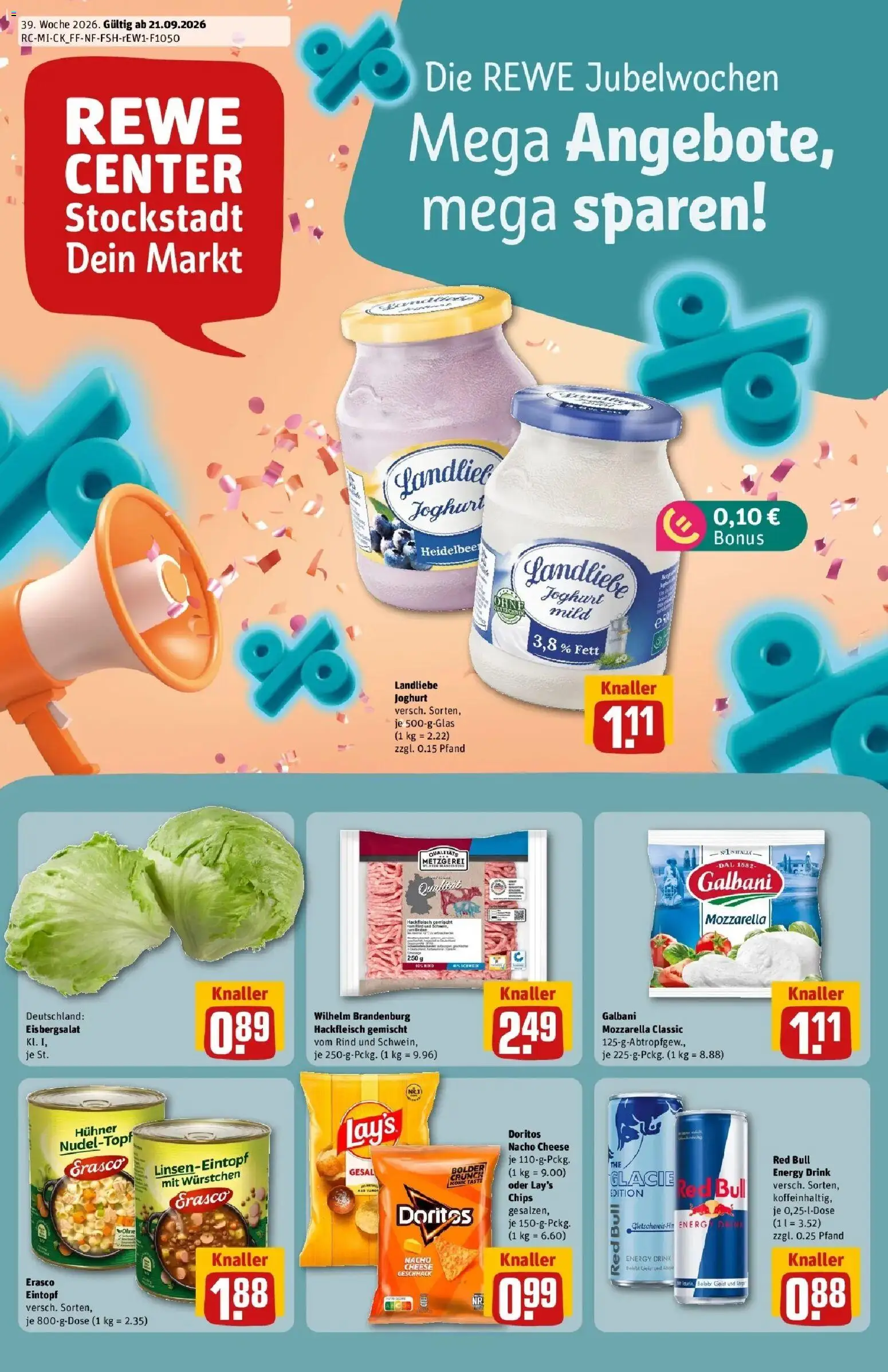 REWE Prospekt ab 21.09.2026 zum Blättern » Angebote | Seite: 1 | Produkte: Energy, Eisbergsalat, Erasco, Hackfleisch