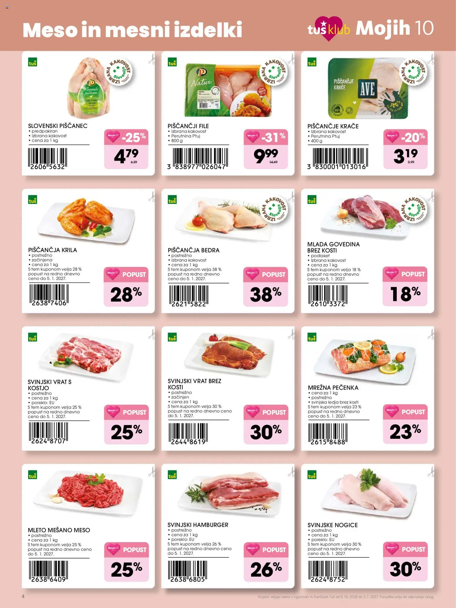 Novi Tuš katalog ponudbe – veljaven od 09.10.2026 | Stran: 4 | Izdelki: Piščančja bedra, Piščančja krila, Hamburger