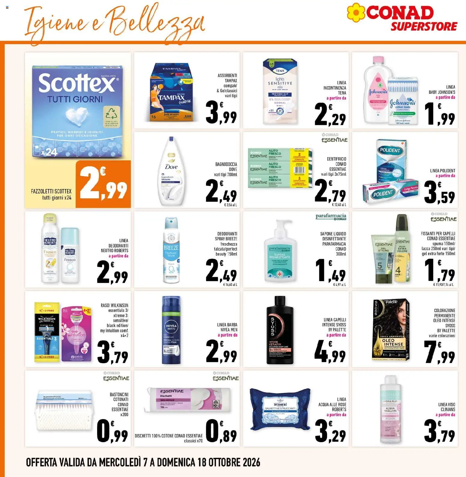 Volantino Conad del 07/10/2026 | Pagina: 30 | Prodotti: Assorbenti, Toner, Bagno, Doccia