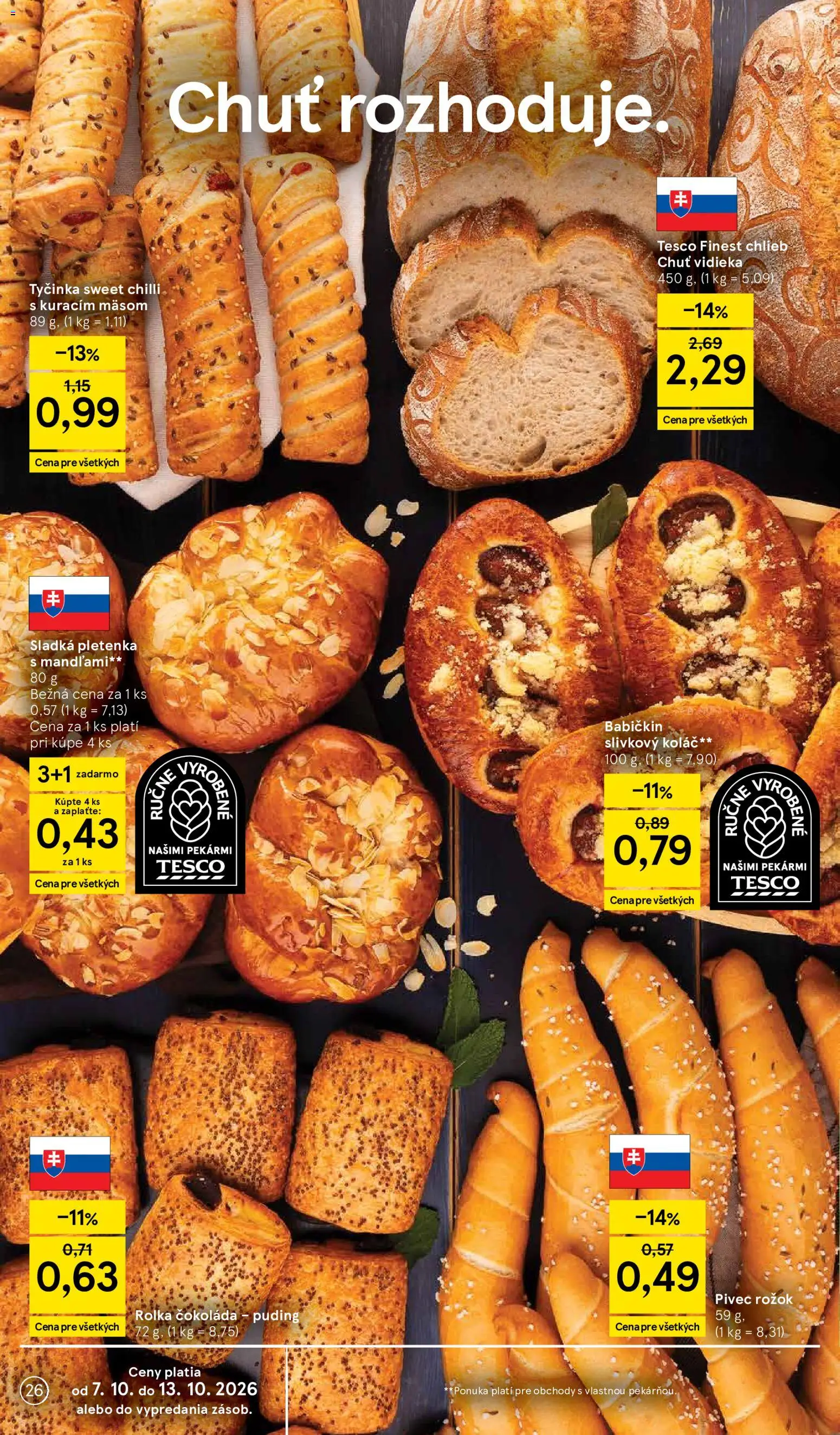 Nové Tesco akcie – leták je platný od 07.10.2026 | Strana: 26 | Produkty: Chlieb, Rožok, Puding, Koláč