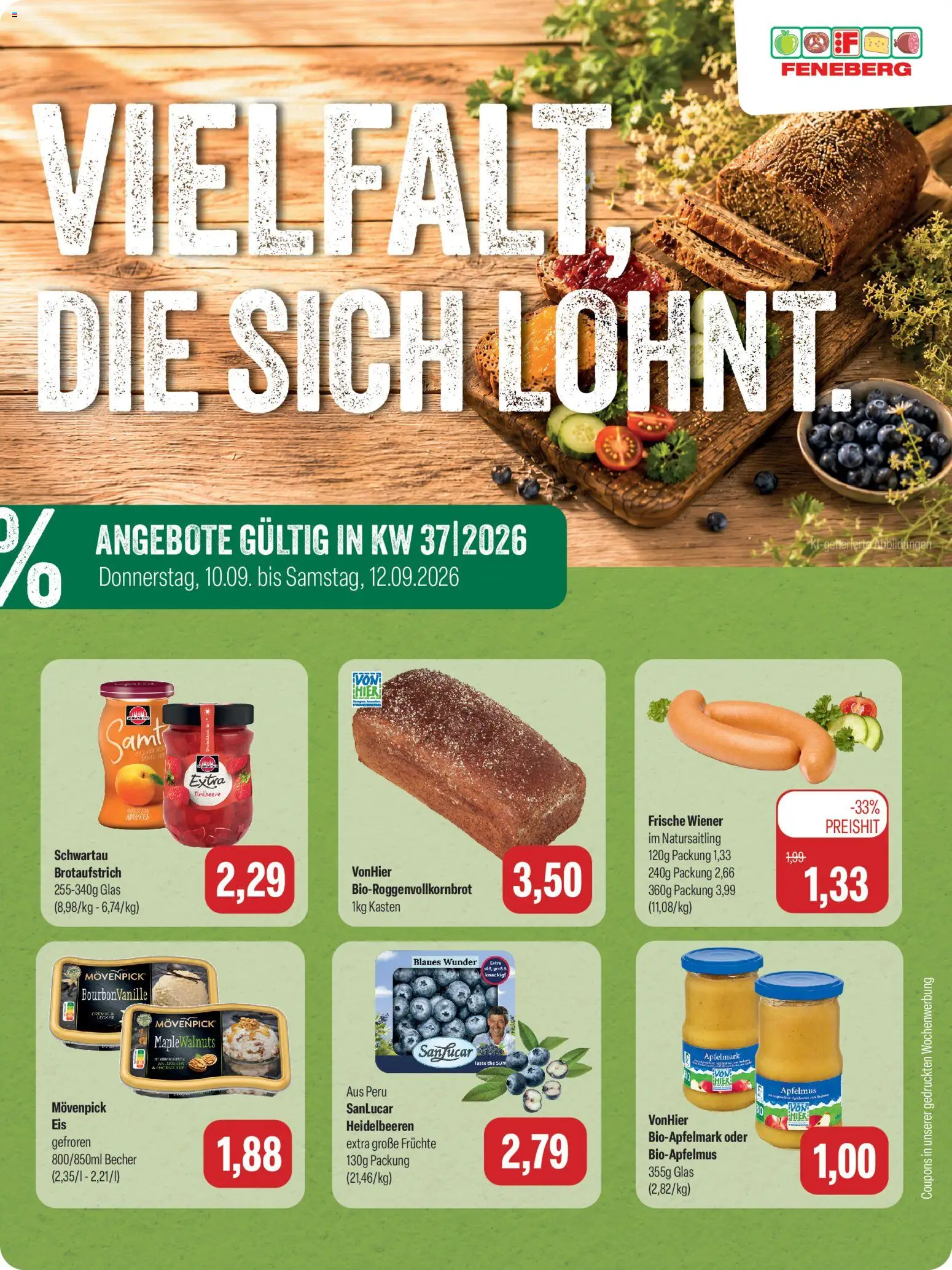 Feneberg Angebote – gültig ab 10.09.2026 | Seite: 1 | Produkte: Heidelbeeren, Vanille, Bourbon, Apfelmus