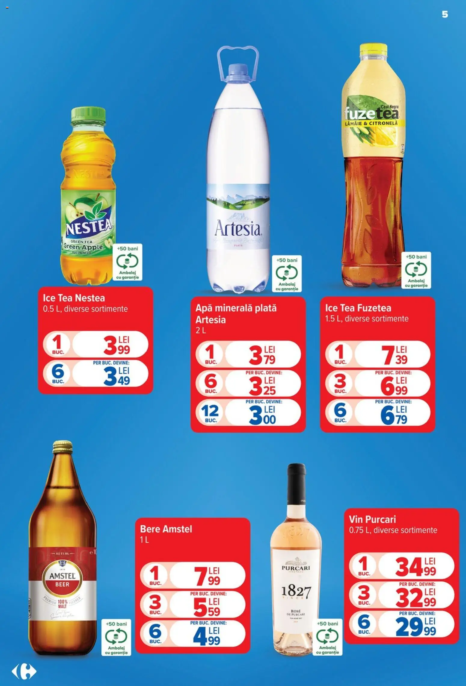 Noul catalog Carrefour – valabil de la 19.08.2026 | Pagină: 5 | Produse: Apa minerala plata, Vin, Bere, Apă