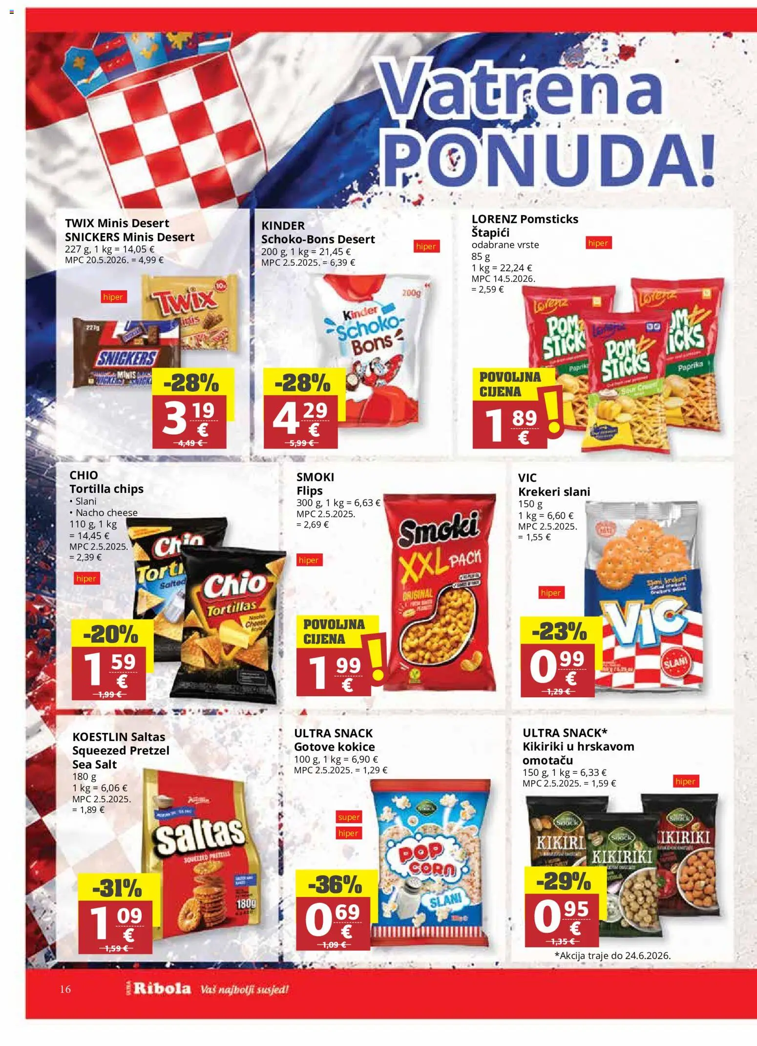 Ribola katalog | vrijedi od 17.06.2026 | Stranica: 16 | Proizvodi: Snickers, Paprika, Kikiriki, Krekeri