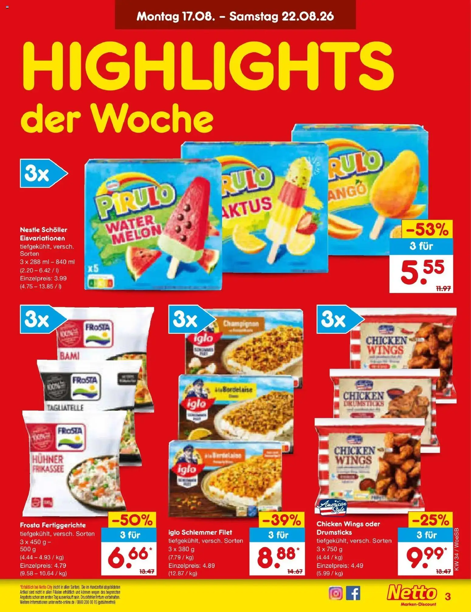 Netto Marken-Discount Prospekt Gemmingen – gültig ab 17.08.2026 | Seite: 3 | Produkte: Iglo, Frosta, Fertiggerichte