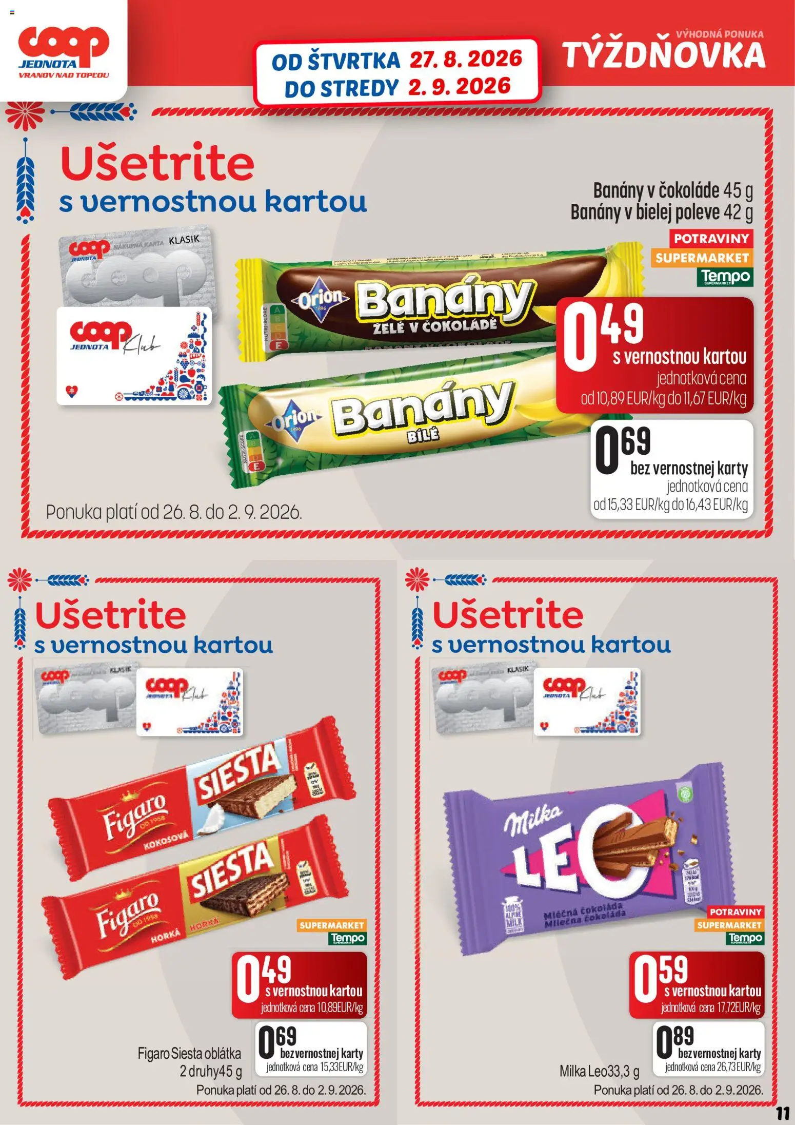 Nové COOP Jednota akcie – leták je platný od 27.08.2026 | Strana: 11 | Produkty: Banány v čokoláde, Banány, Čokoláda, Milka