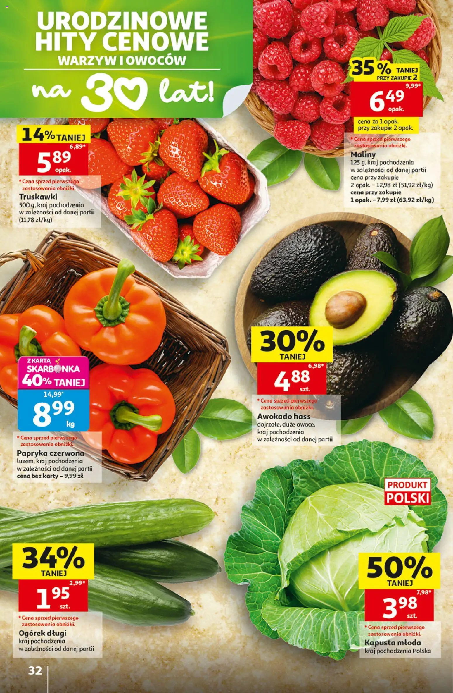Auchan gazetka - 30 Lat Hipermarket od 07.05.2026 | Strona: 32 | Produkty: Karta, Maliny, Papryka czerwona, Awokado