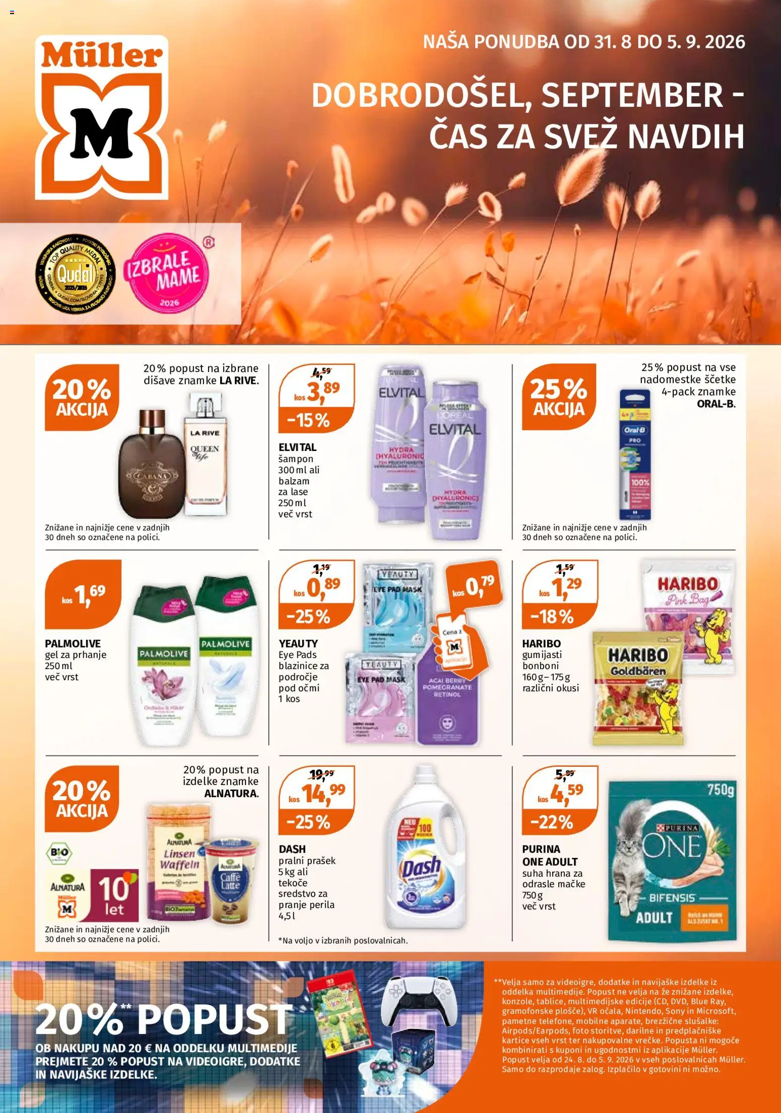 Novi Müller katalog ponudbe – veljaven od 31.08.2026 | Stran: 1 | Izdelki: Slusalke, Bonboni, Pralni prašek, Sampon
