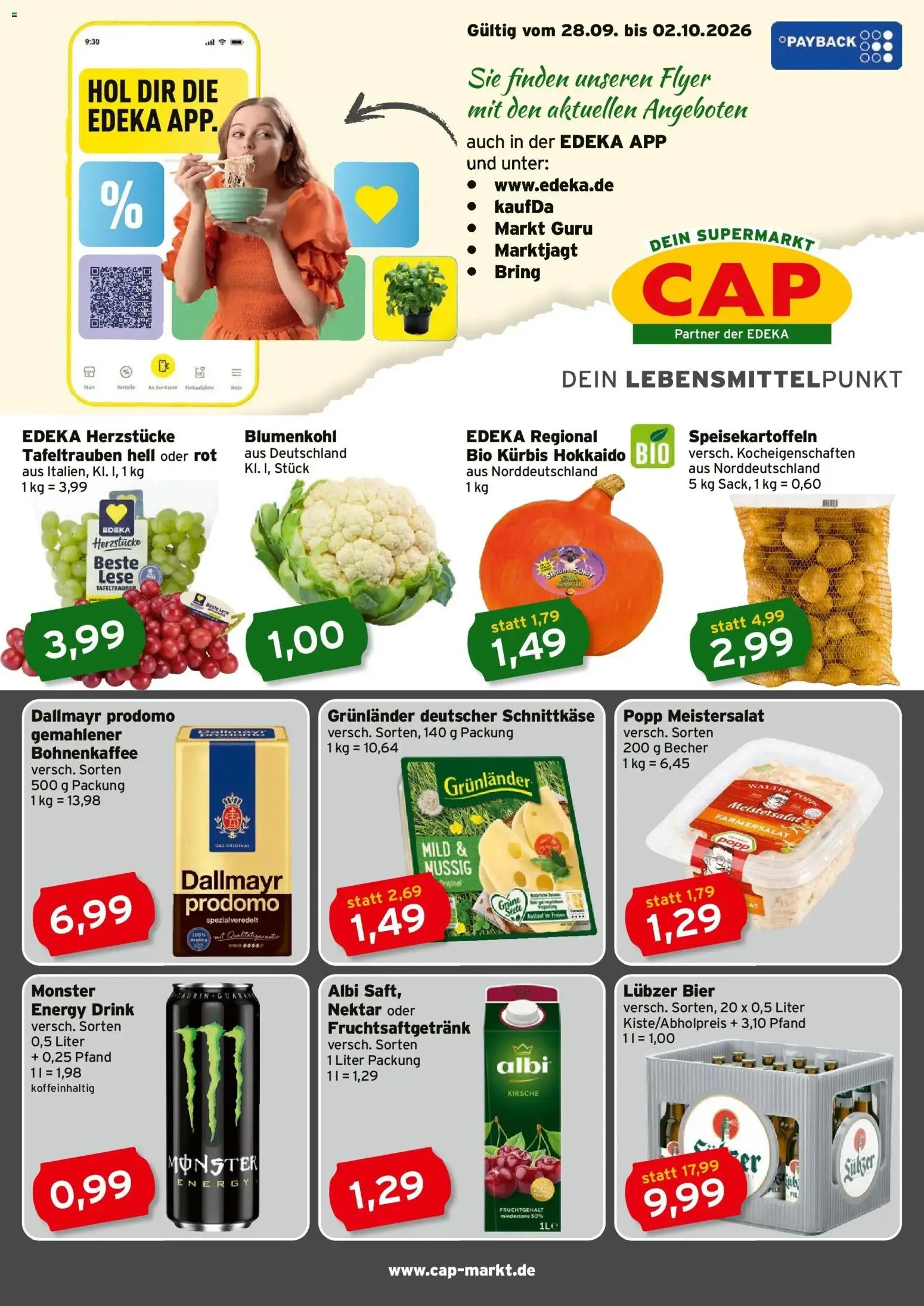 CAP Markt Prospekt Rostock – gültig ab 28.09.2026 | Seite: 1 | Produkte: Energy, Monster, Dallmayr, Blumenkohl