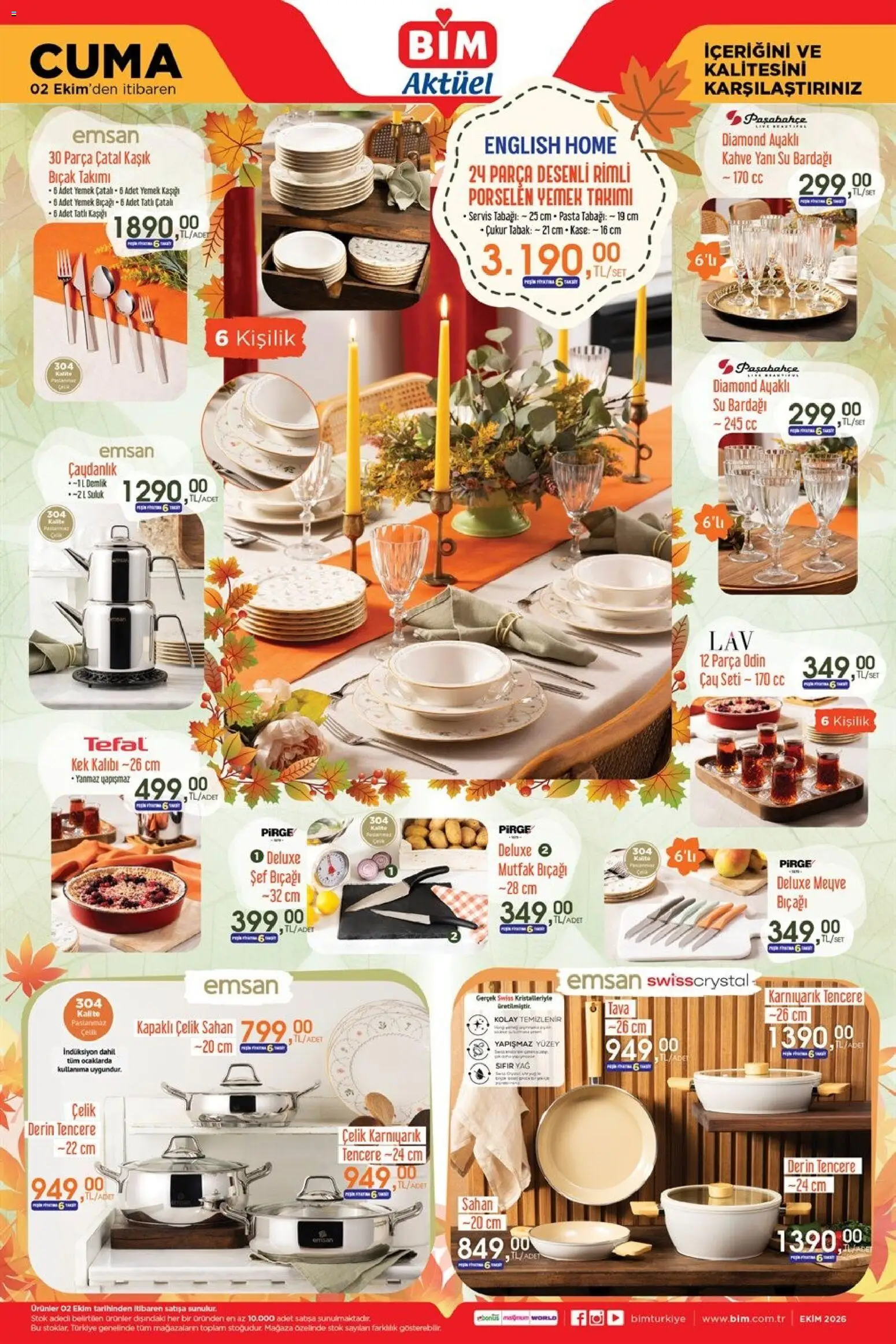 BİM - Katalog Cuma - 02 Ekim 2026 tarihinden itibaren geçerlidir | Sayfa: 1 | Ürünler: Kaşe, Çatal, Yağ, Su bardağı