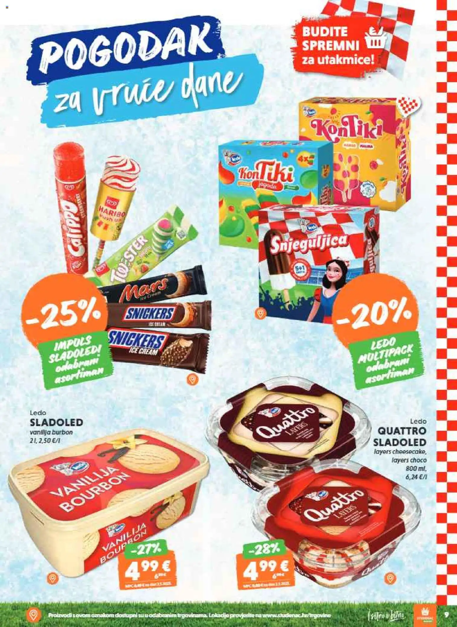 Studenac katalog | vrijedi od 10.06.2026 | Stranica: 9 | Proizvodi: Snickers, Burbon, Ledo, Sladoled