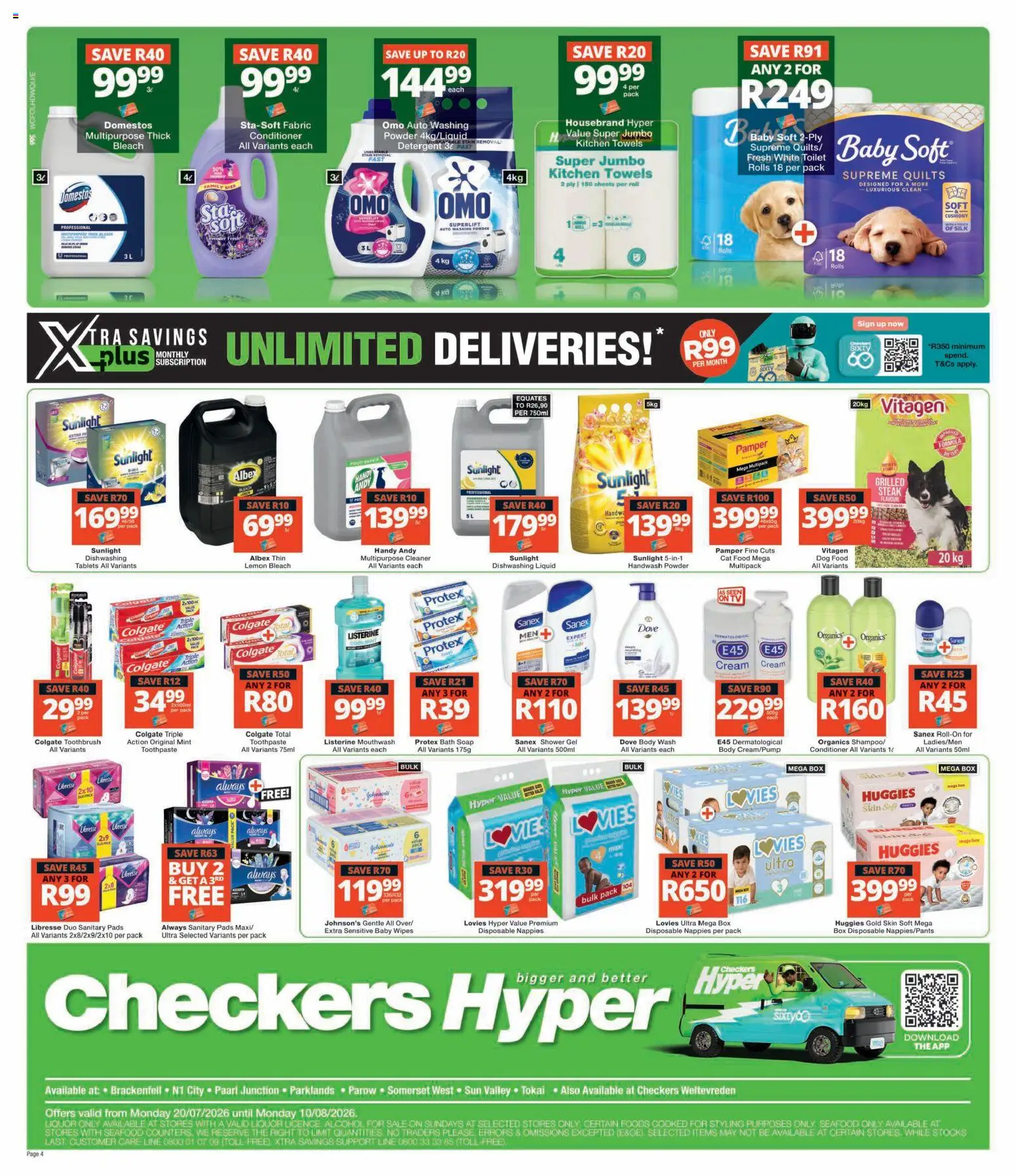 New Checkers catalogue – valid from 20/07/2026 | Page: 4 | Products: Handwash, Bleach, Powder, Seafood