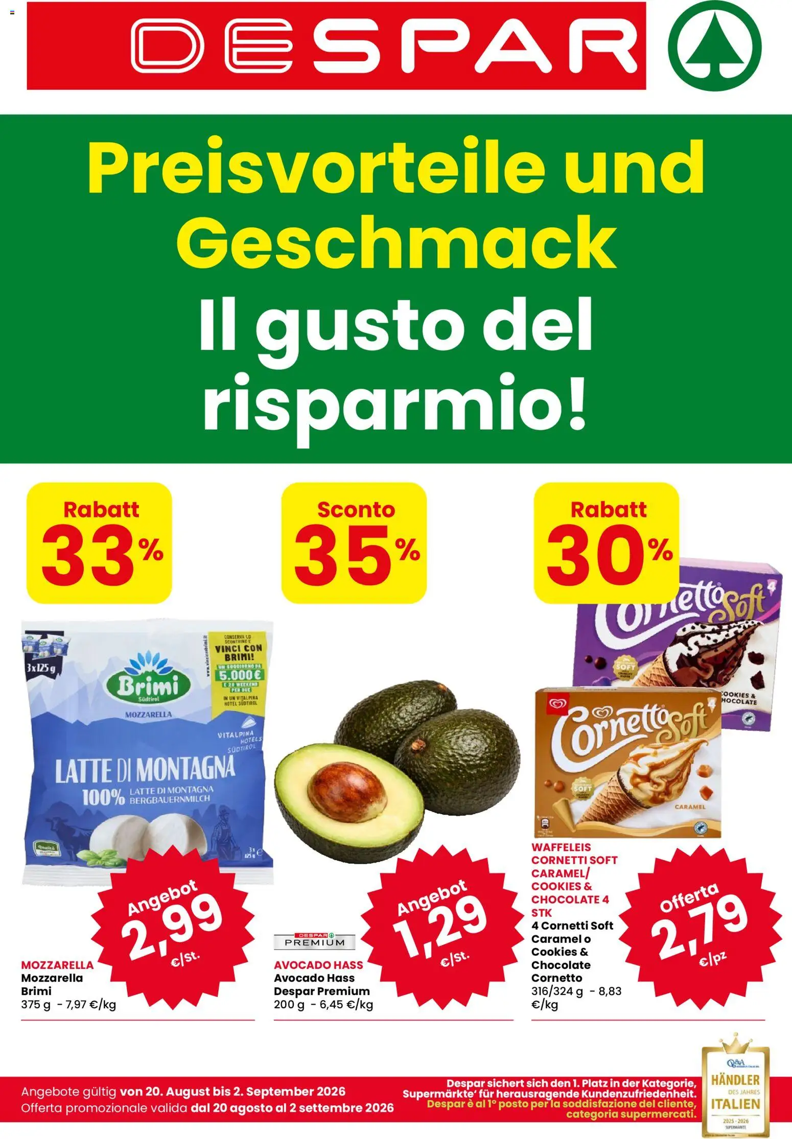 Volantino Despar del 20/08/2026 | Pagina: 1 | Prodotti: Cornetto, Avocado, Mozzarella, Latte