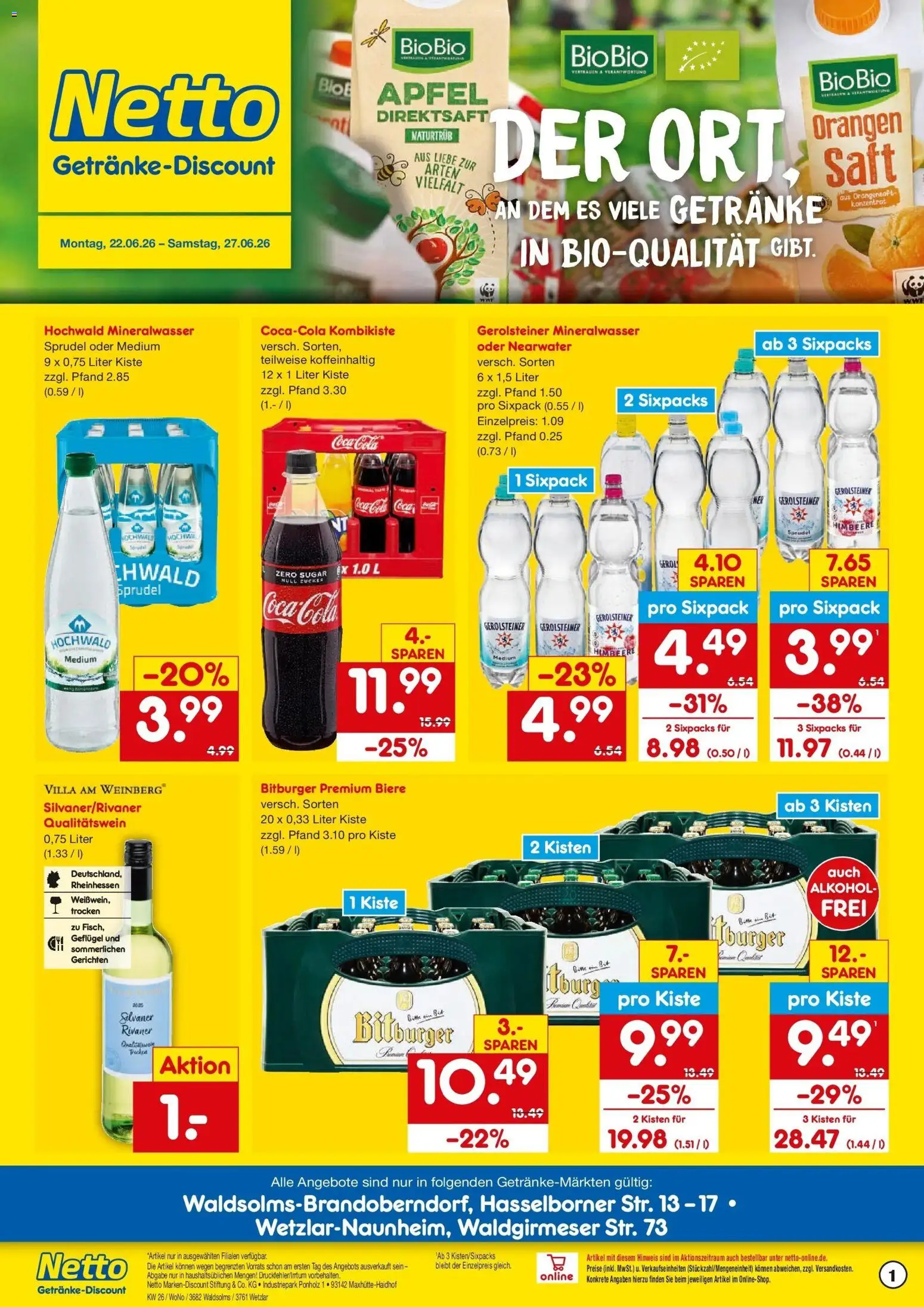 Netto Marken-Discount Prospekt Wetzlar-Naunheim – gültig ab 22.06.2026 | Seite: 1 | Produkte: Bitburger, Coca cola, Himbeere, Saft