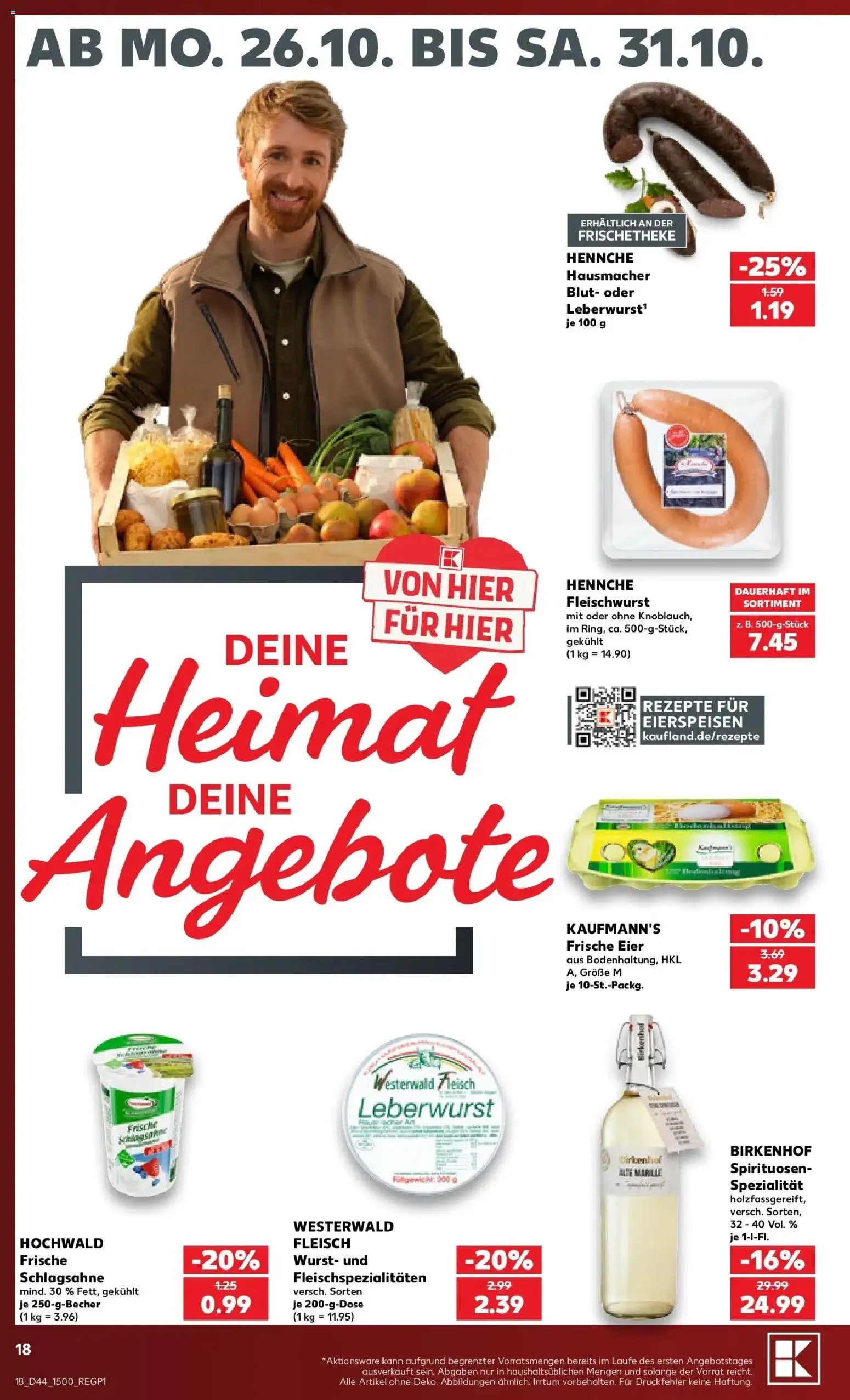 Prospekt Kaufland ab 26.10.2026 » Angebote Online zum Blättern | Seite: 22 | Produkte: Schlagsahne, Eier, Wurst, Fleisch