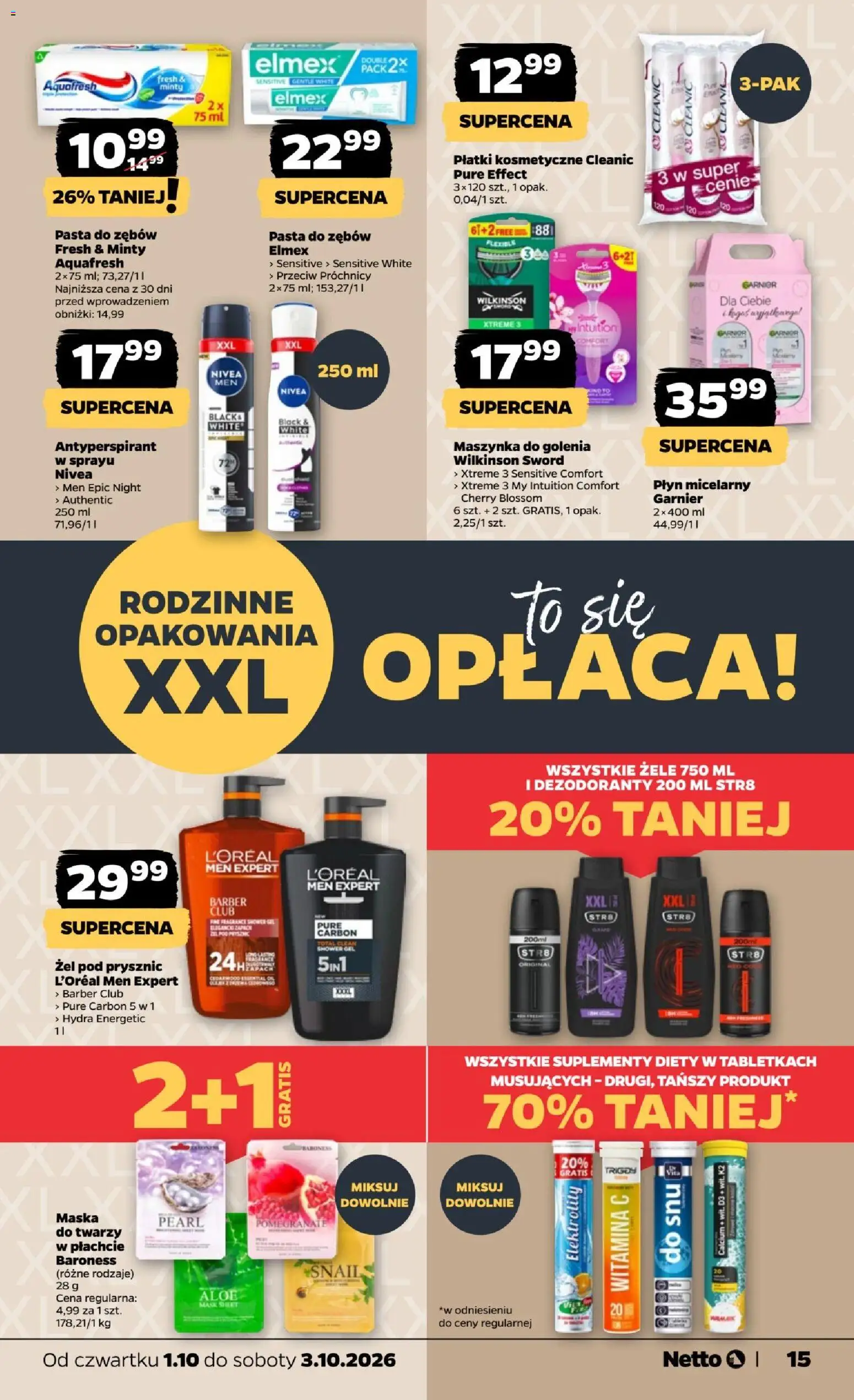Netto gazetka od czwartku od 01.10.2026 | Strona: 15 | Produkty: Maszynka do golenia, Prysznic, Żel pod prysznic, Pasta do zębów