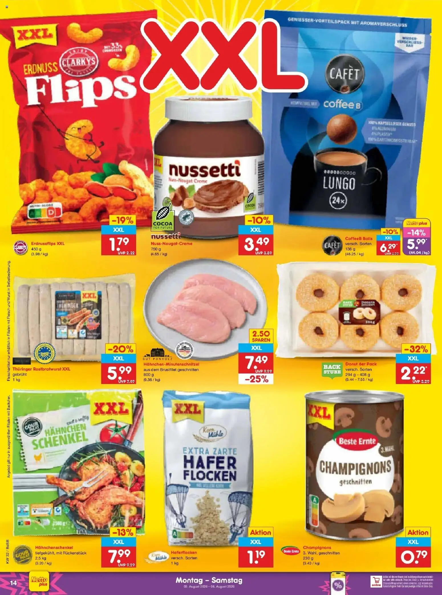 Netto Marken-Discount Prospekt – gültig ab 03.08.2026 | Seite: 28 | Produkte: Hahnchen, Hahnchenschenkel, Wurst, Flocken