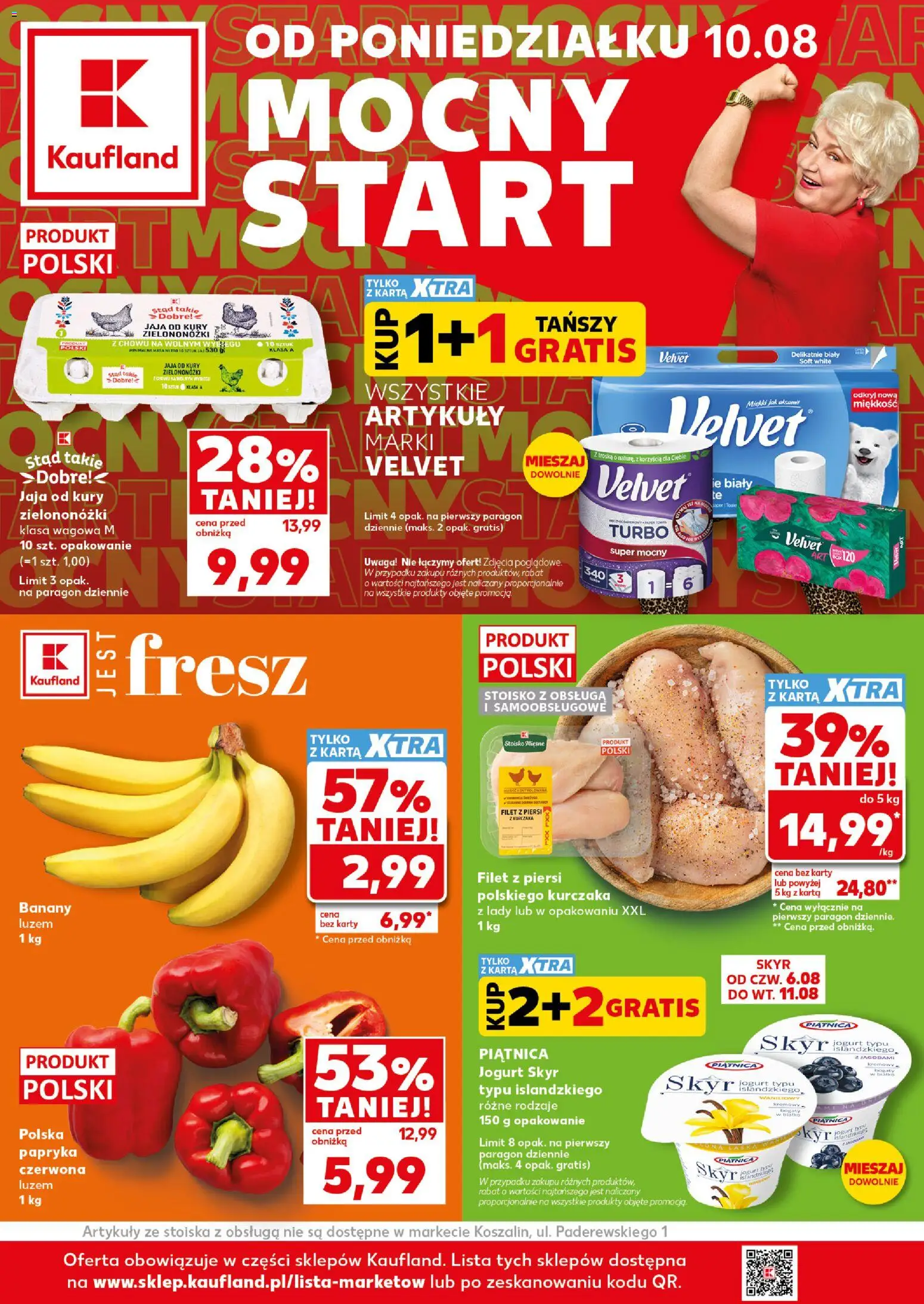Kaufland Polsko leták - Mocny start od 10.08.2026 | Strana: 1 | Produkty: Jogurt, Banány, Skyr jogurt, Skyr