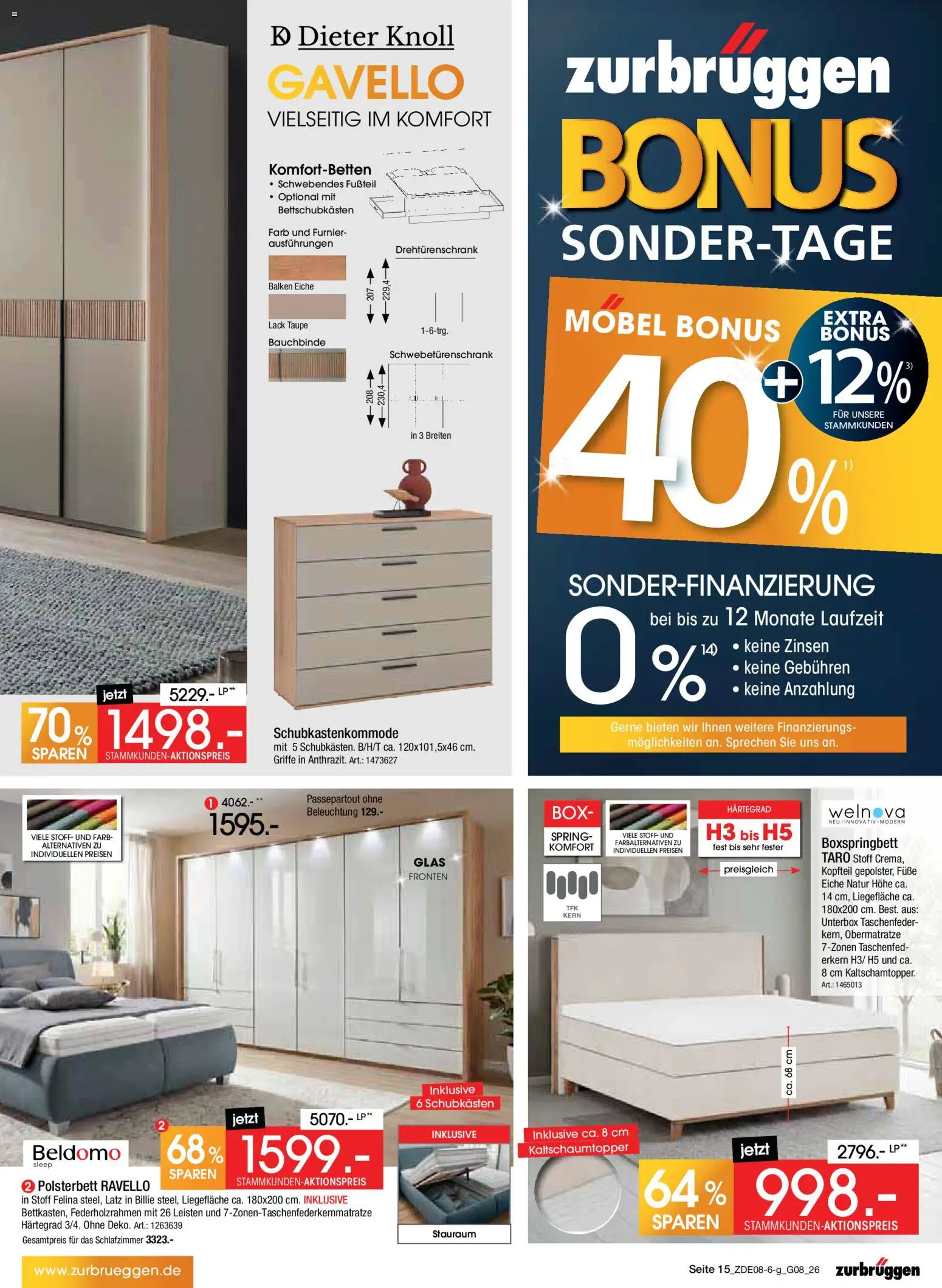 Zurbrüggen Bonus sonder-tage – gültig ab 31.07.2026 | Seite: 15 | Produkte: Schwebetürenschrank, Drehtürenschrank, Polsterbett, Box