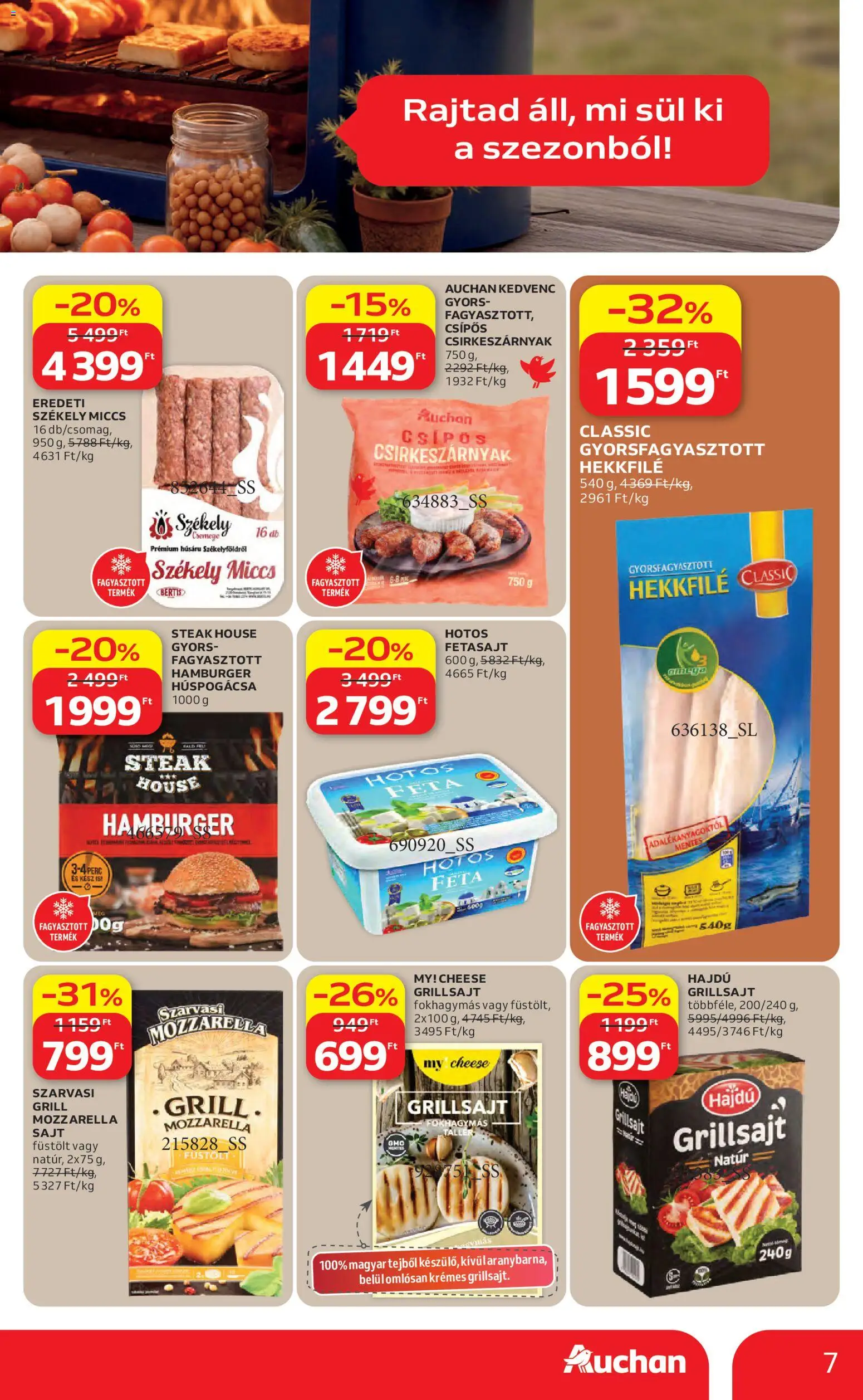 Auchan akciós ujság - amely érvényes a következő dátumtól: 16.04.2026 | Oldal: 7 | Termékek: Mozzarella, Hamburger, Grill, Grillsajt