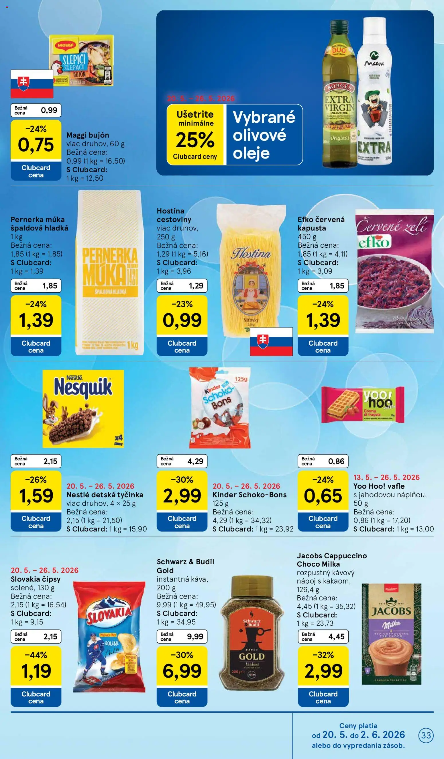 Nové Tesco akcie – leták je platný od 20.05.2026 | Strana: 33 | Produkty: Bujón, Cestoviny, Múka, Nesquik