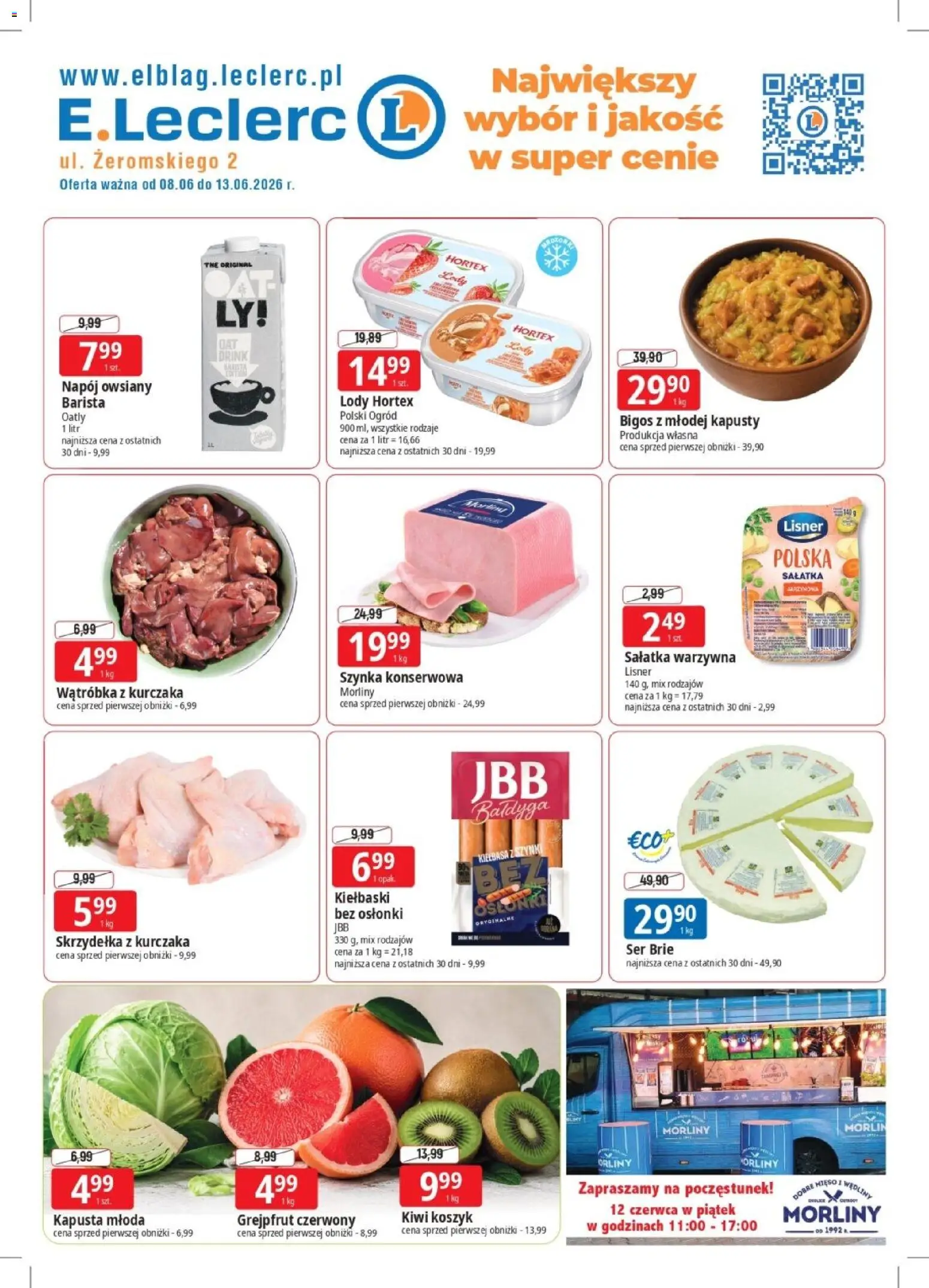 E.Leclerc gazetka - Elbląg od 08.06.2026 | Strona: 1 | Produkty: Kiełbasa, Ser, Lody, Ser brie