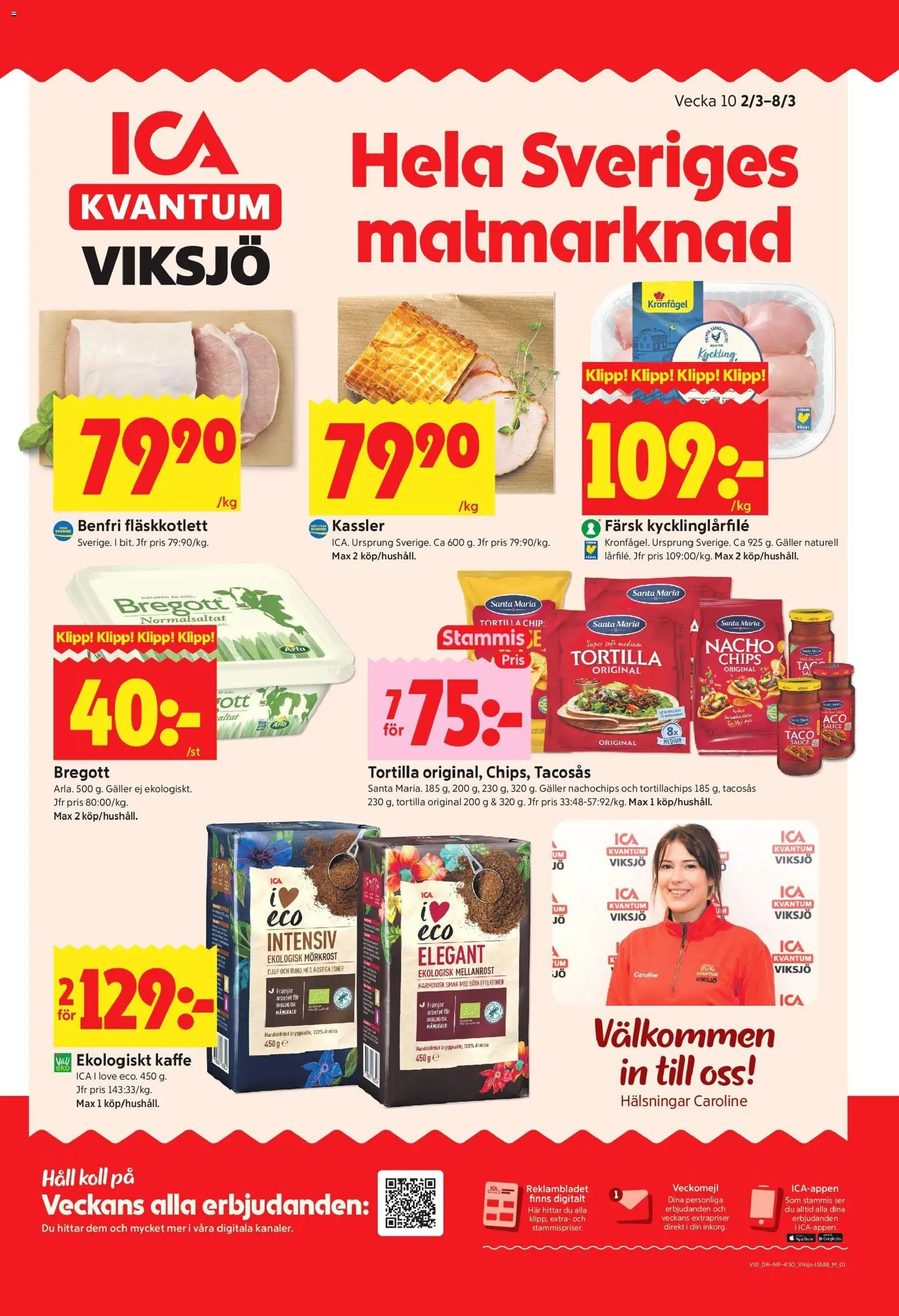 ICA Kvantum reklamblad aktuell från 02/03/2026 | Sida: 1 | Produkter: Tortilla, Benfri fläskkotlett, Chips, Kyckling