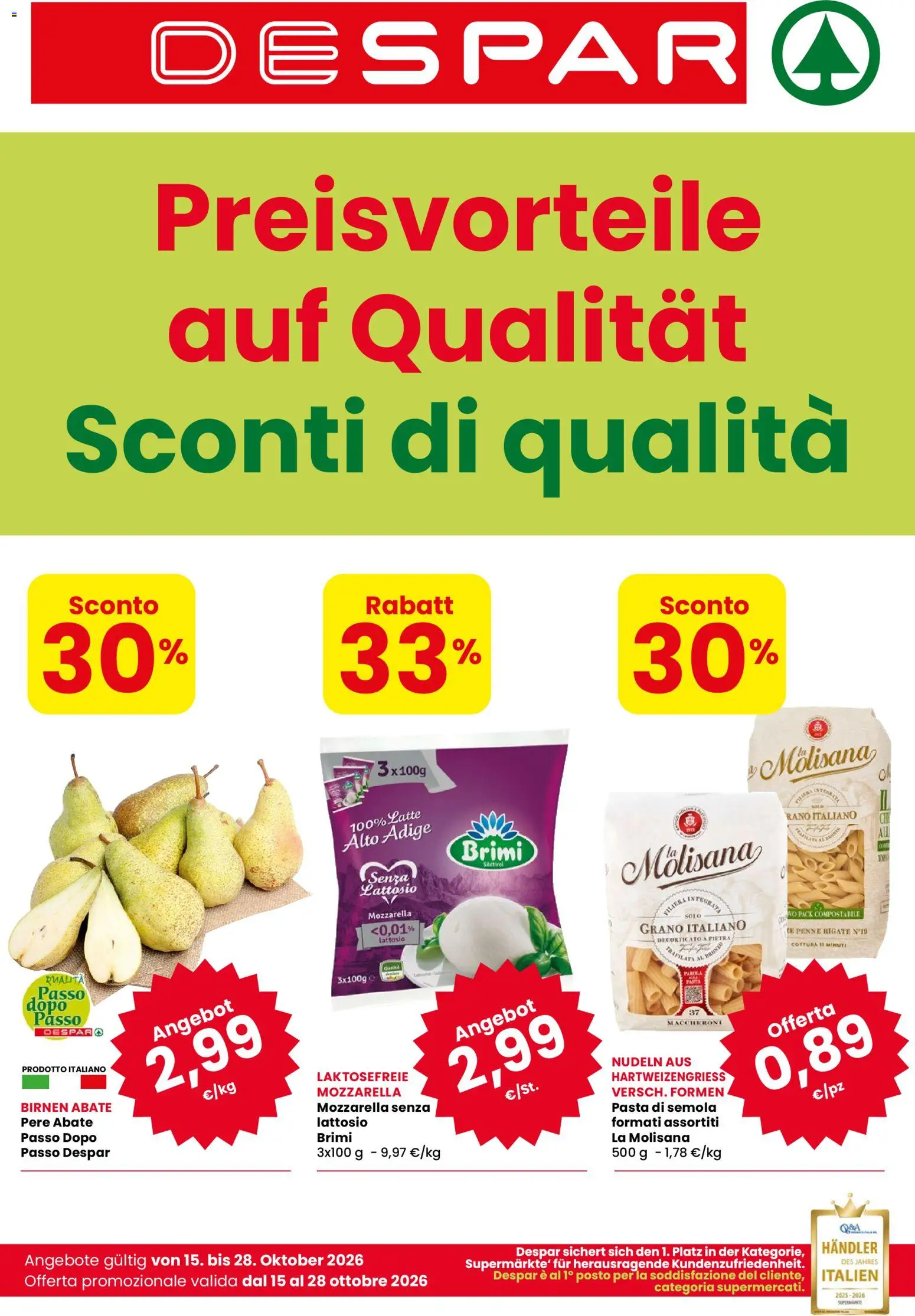 Volantino Despar del 15/10/2026 | Pagina: 1 | Prodotti: La Molisana, Pasta di semola, Mozzarella, Latte