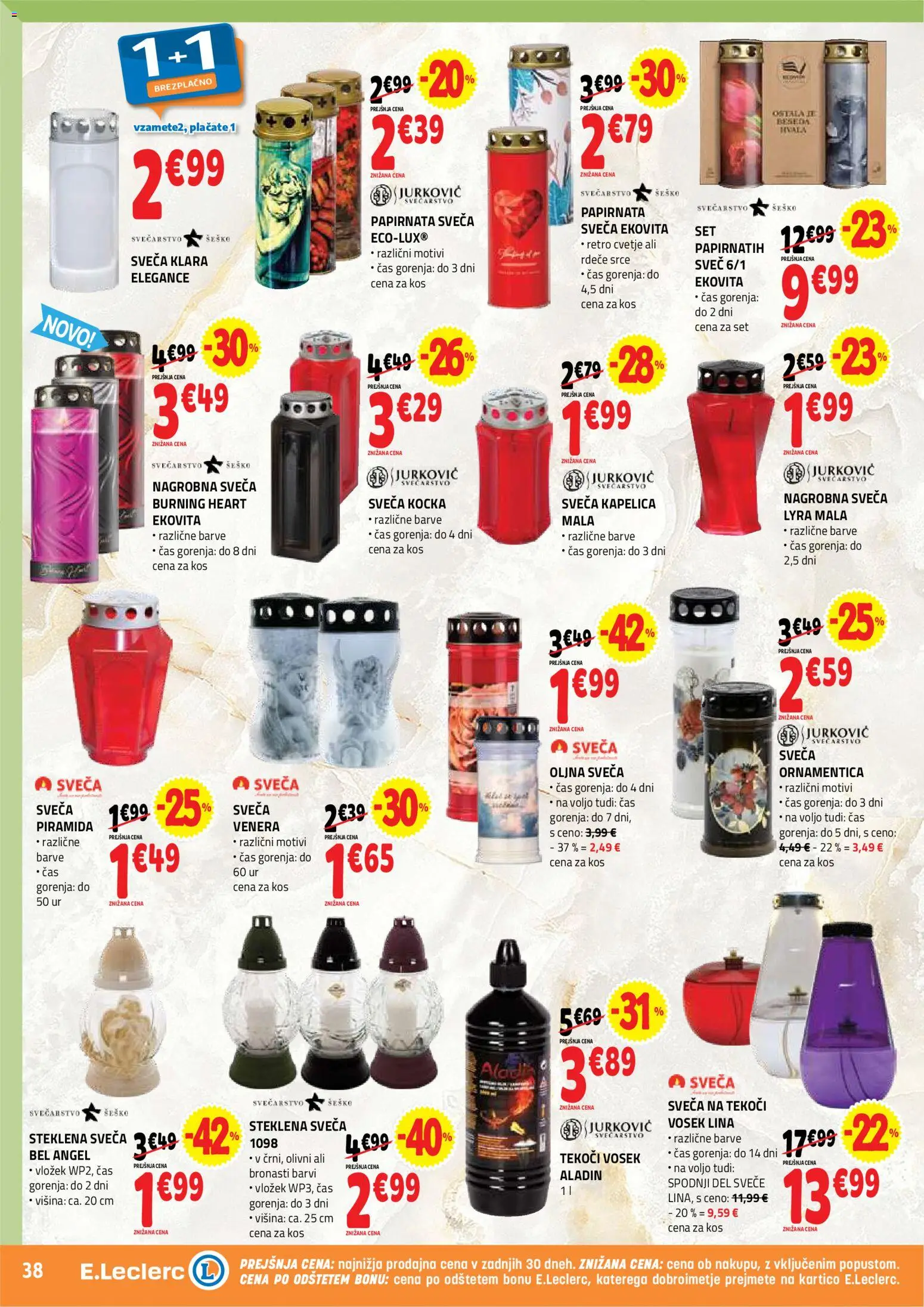 Novi E.leclerc katalog ponudbe – veljaven od 07.10.2026 | Stran: 38 | Izdelki: Sveča, Cvetje, Kos, Svece