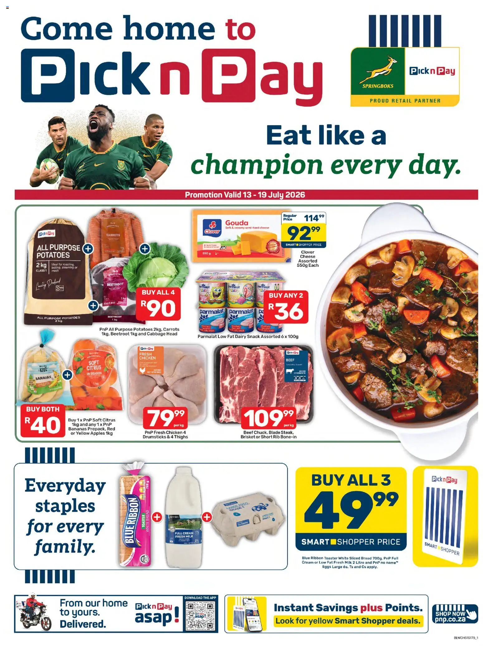 New Pick n Pay catalogue – valid from 13/07/2026 | Page: 1 | Products: Milk, Cheese, Bread, Bananas
