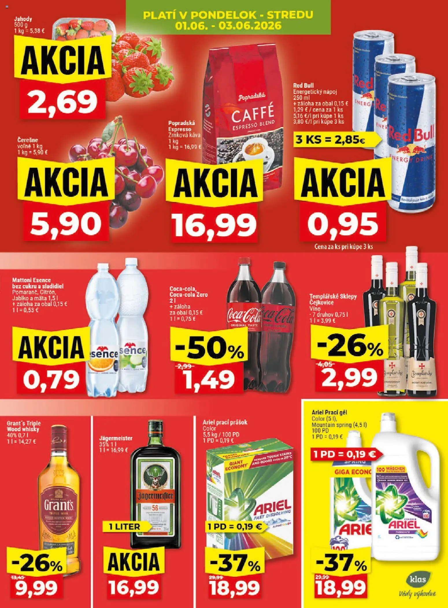 Nové Klas akcie – leták je platný od 01.06.2026 | Strana: 5 | Produkty: Víno, Jahody, Ariel, Energetický nápoj
