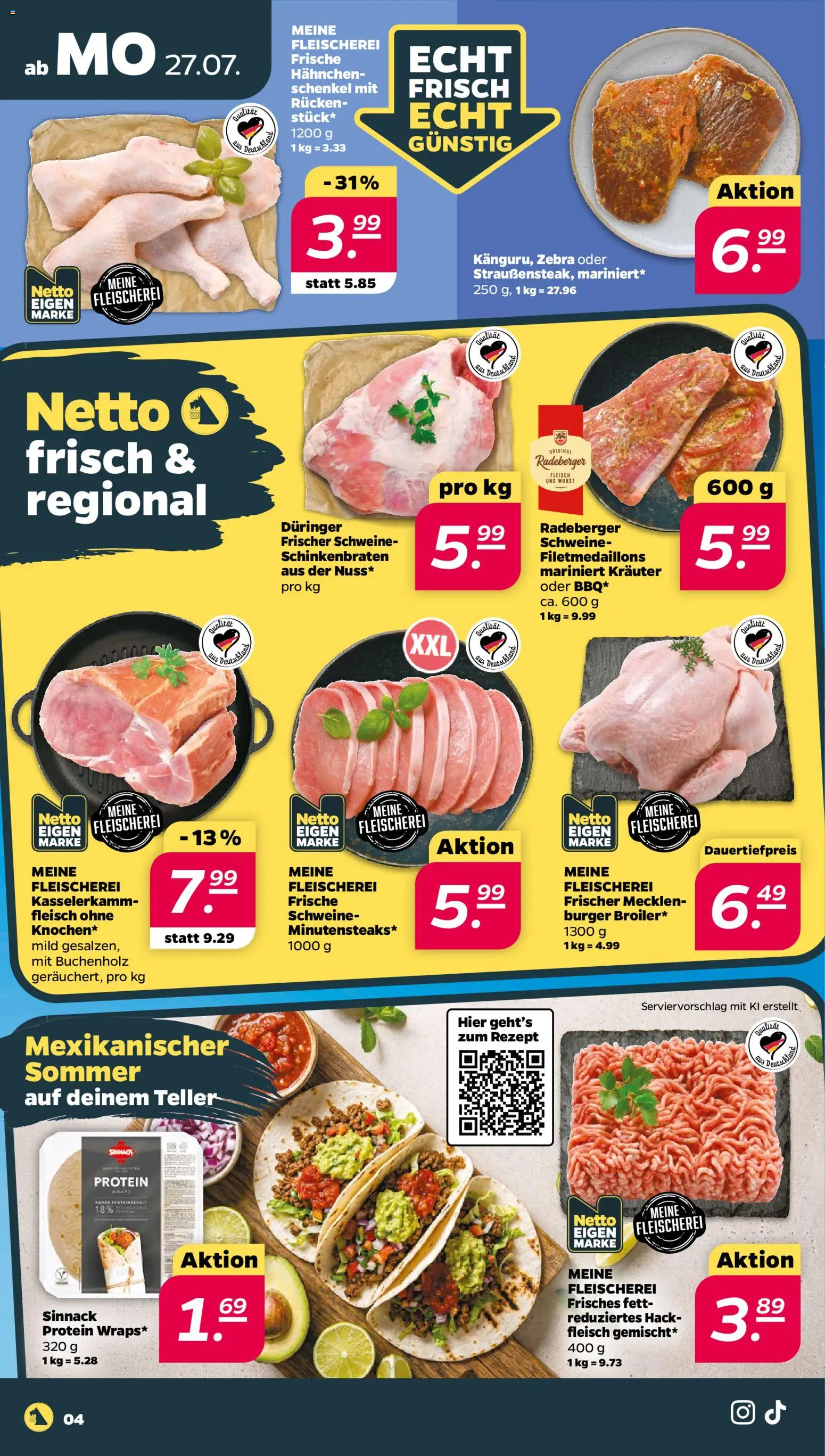 Netto Prospekt – gültig ab 27.07.2026 | Seite: 4 | Produkte: Hahnchen, Burger, Wurst, Fleisch