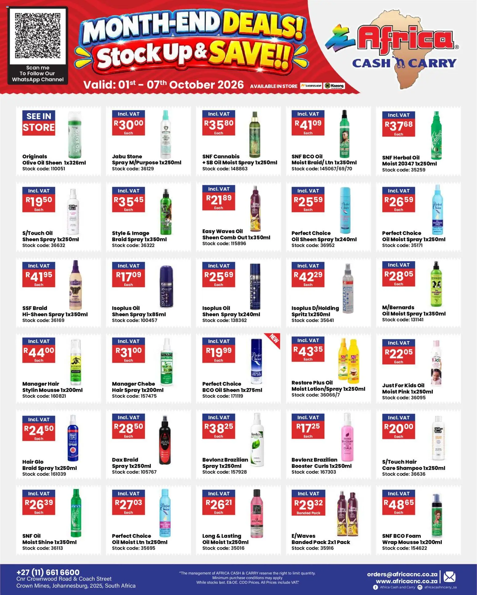 New Africa Cash & Carry catalogue – valid from 01/10/2026 | Page: 1 | Products: Oil, Shampoo, Stock, Foam