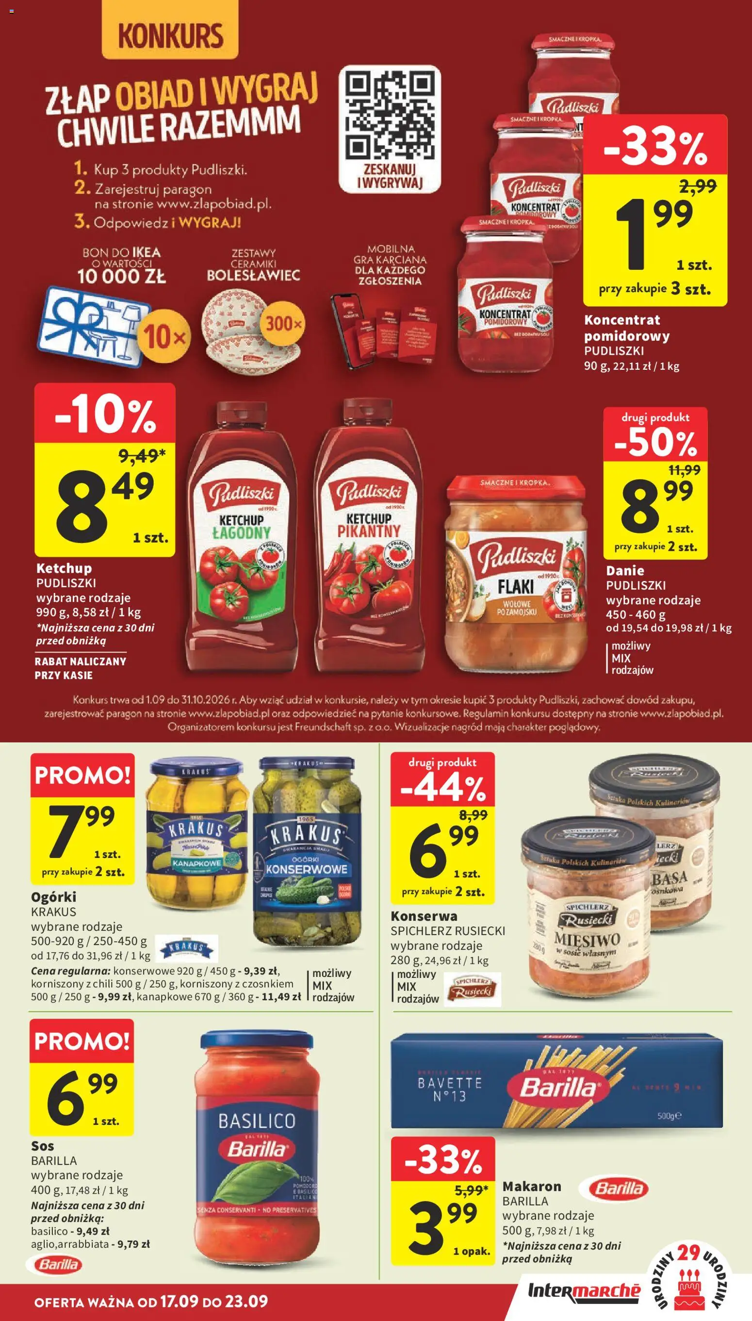 Intermarche gazetka od 17.09.2026 | Strona: 33 | Produkty: Barilla, Koncentrat pomidorowy, Ogórki, Ogórki konserwowe