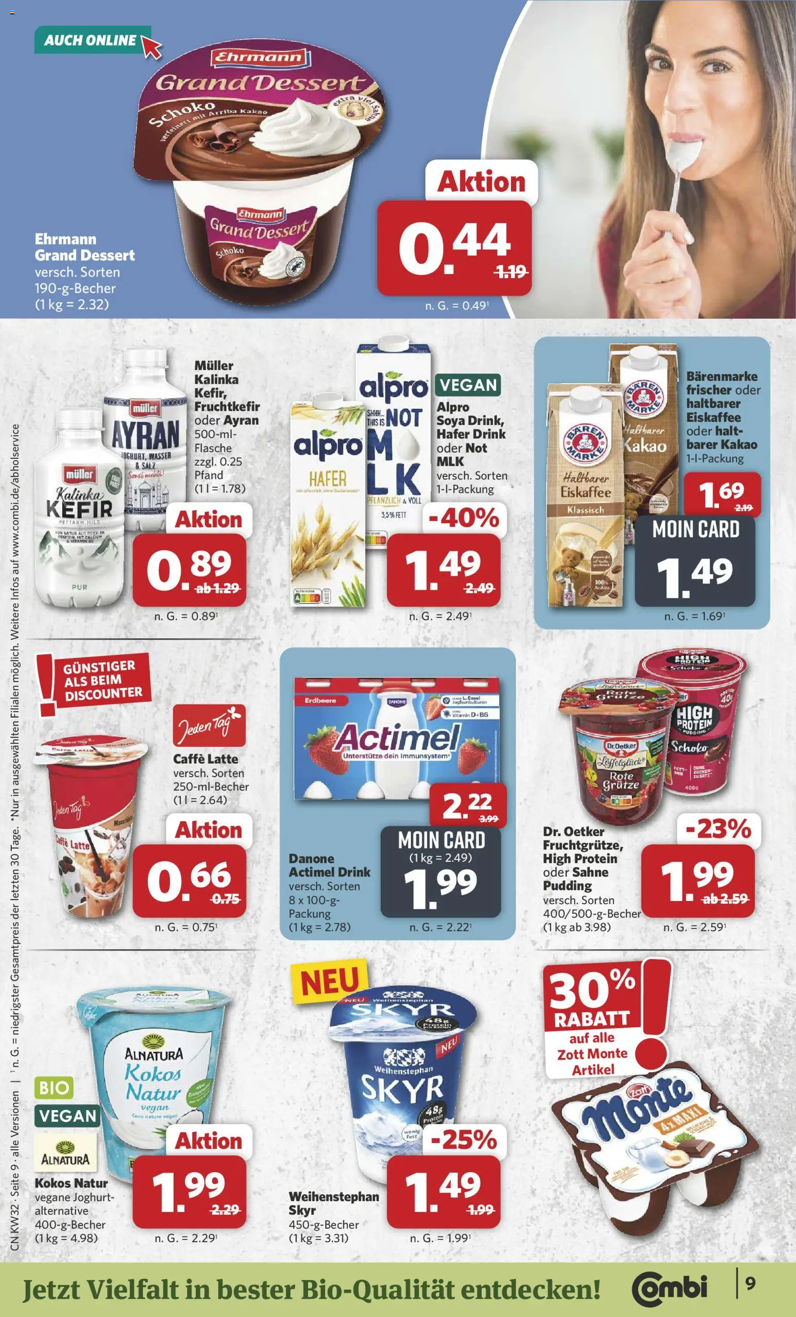 Combi Prospekt – gültig ab 03.08.2026 | Seite: 9 | Produkte: Actimel, Ehrmann grand dessert, Alpro, Salz