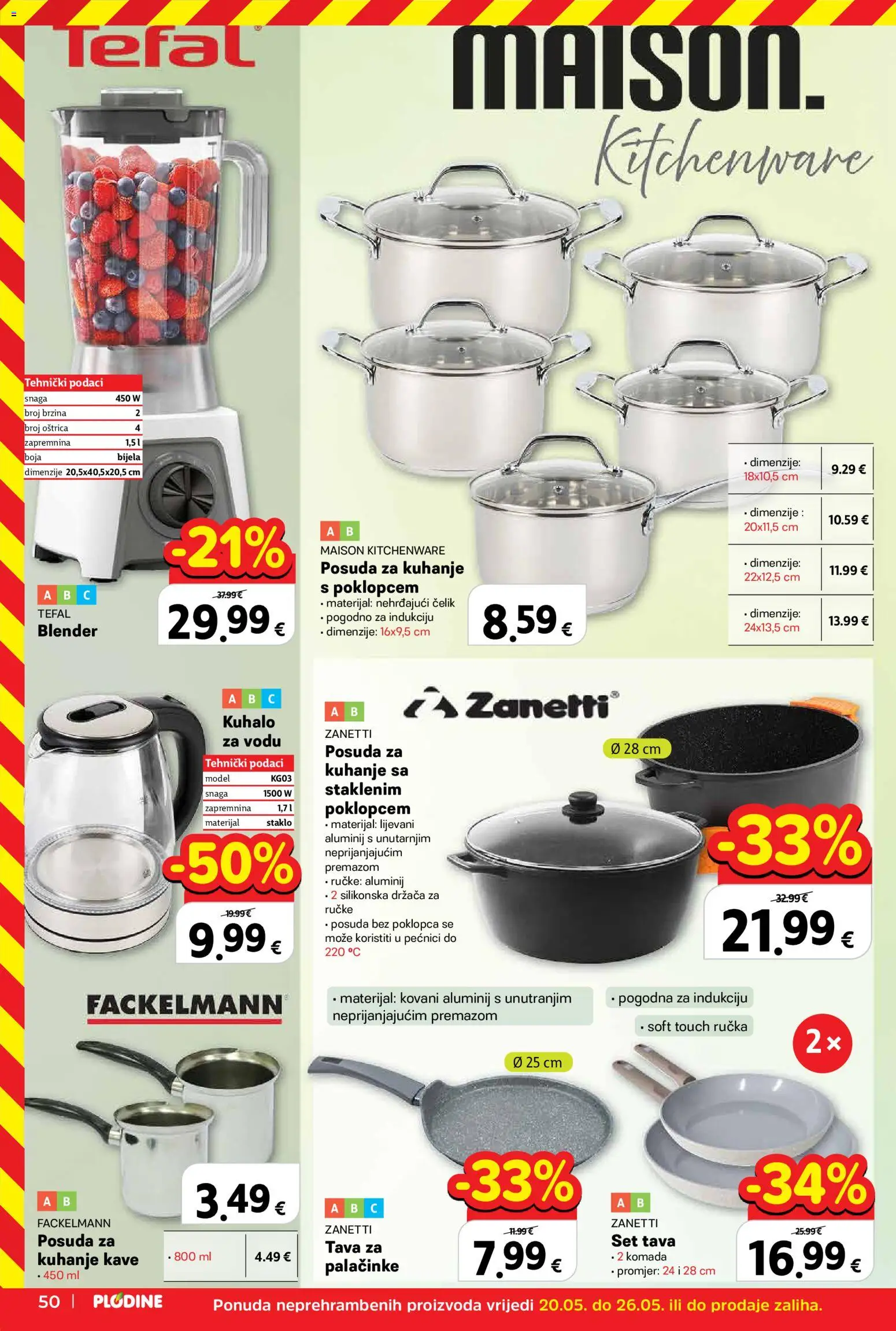 Plodine katalog | vrijedi od 20.05.2026 | Stranica: 52 | Proizvodi: Kuhalo za vodu, Tava, Blender