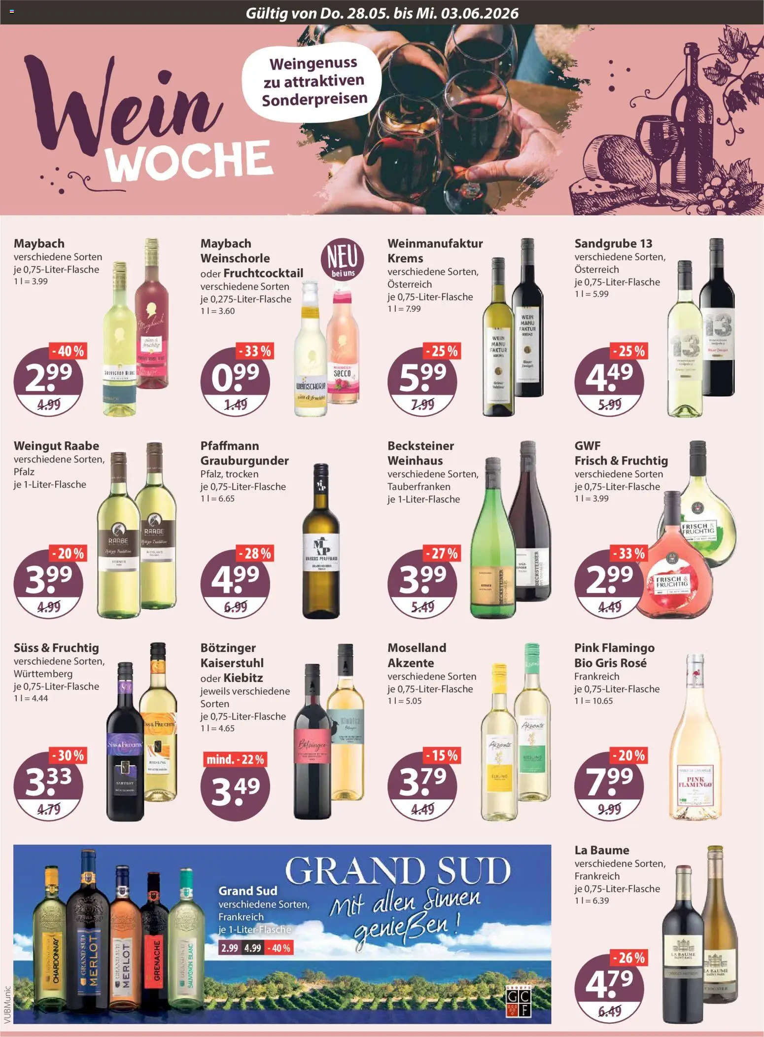 V-Markt München – gültig ab 28.05.2026 | Seite: 12 | Produkte: Merlot, Weinschorle, Grand sud, Wein