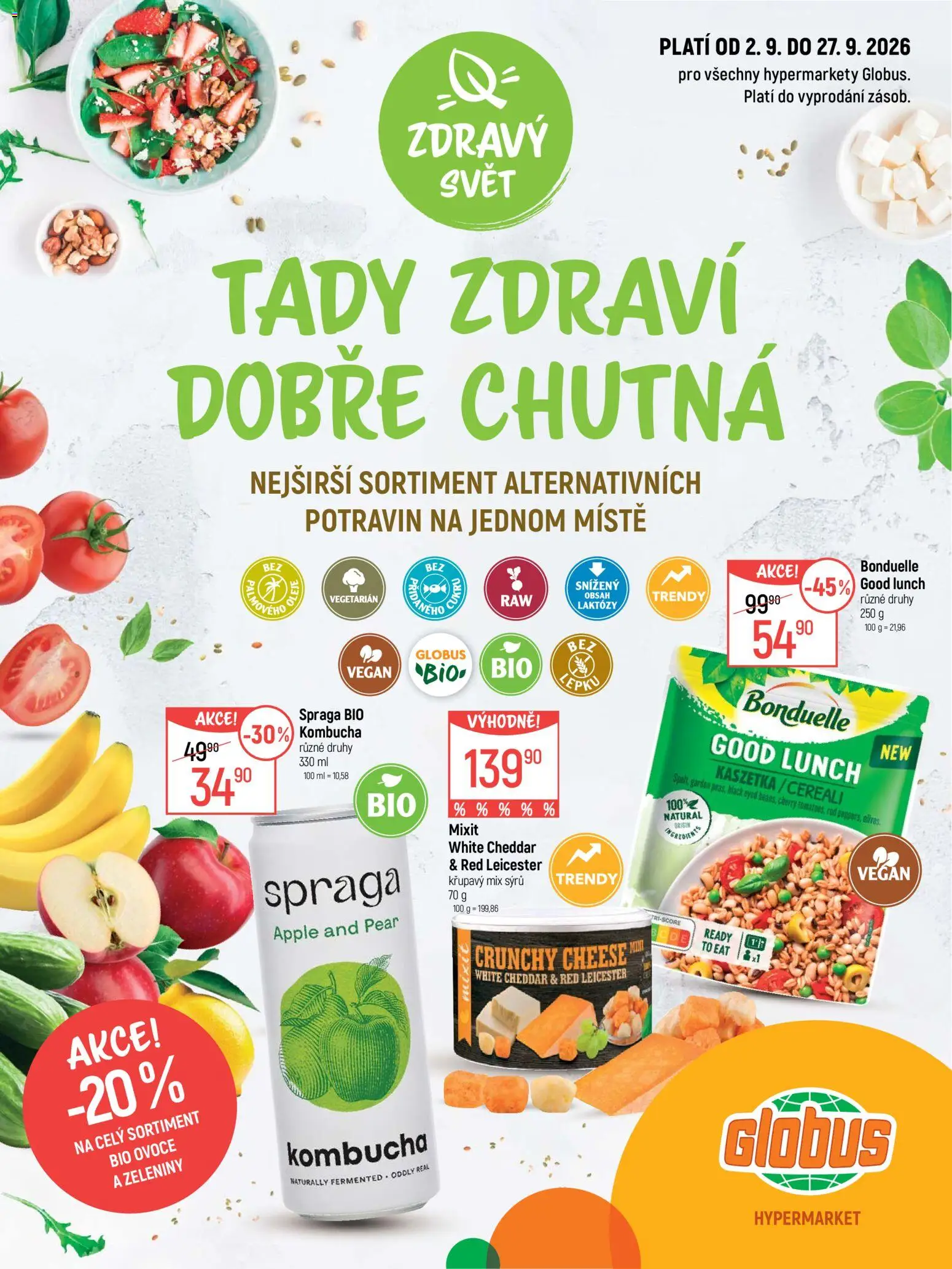 Globus leták - Zdravý svět od 02.09.2026 | Strana: 1 | Produkty: Oleje, Globus, Kombucha, Cheddar