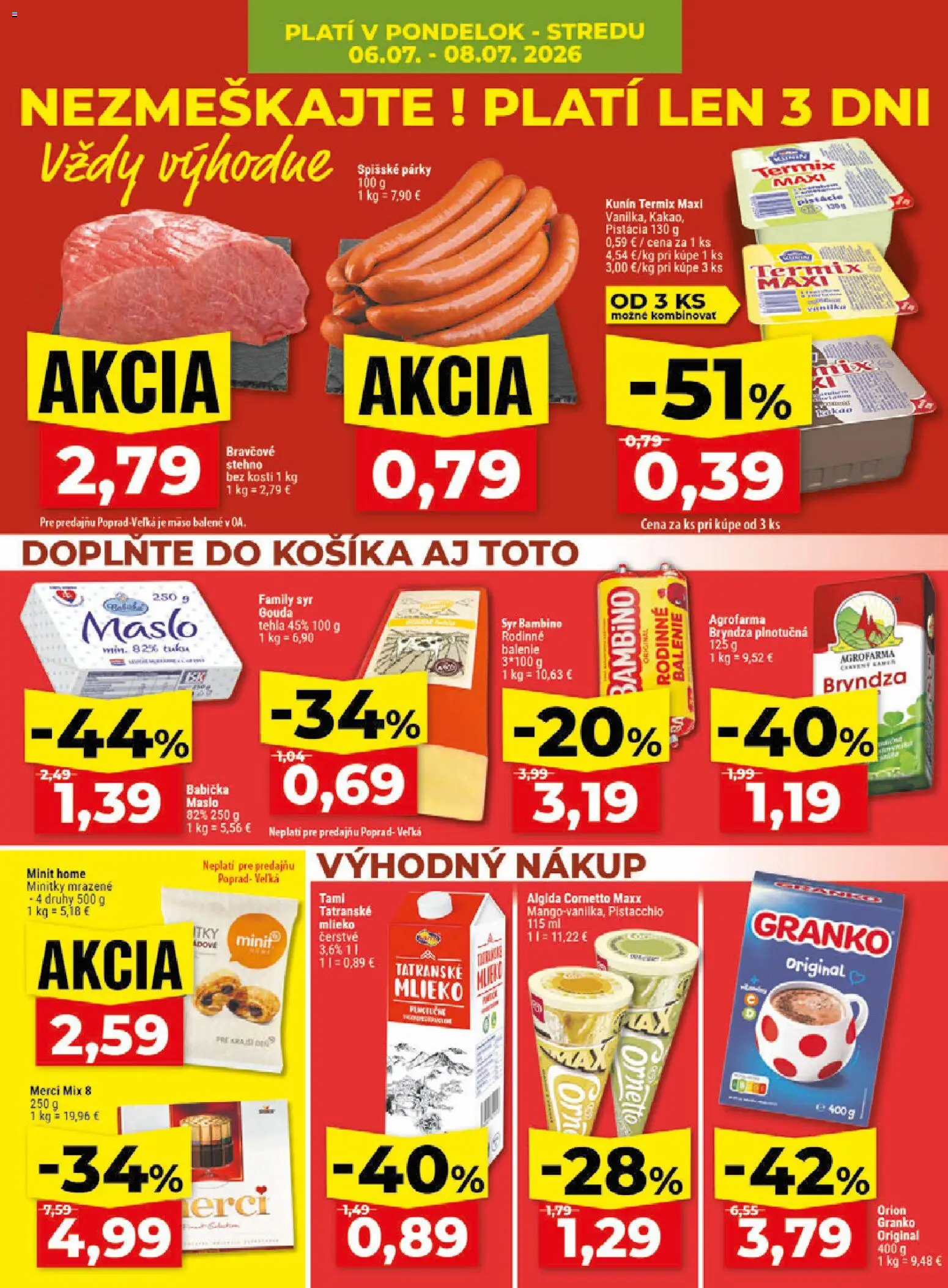 Nové Klas akcie – leták je platný od 06.07.2026 | Strana: 4 | Produkty: Maslo, Merci, Párky, Kakao