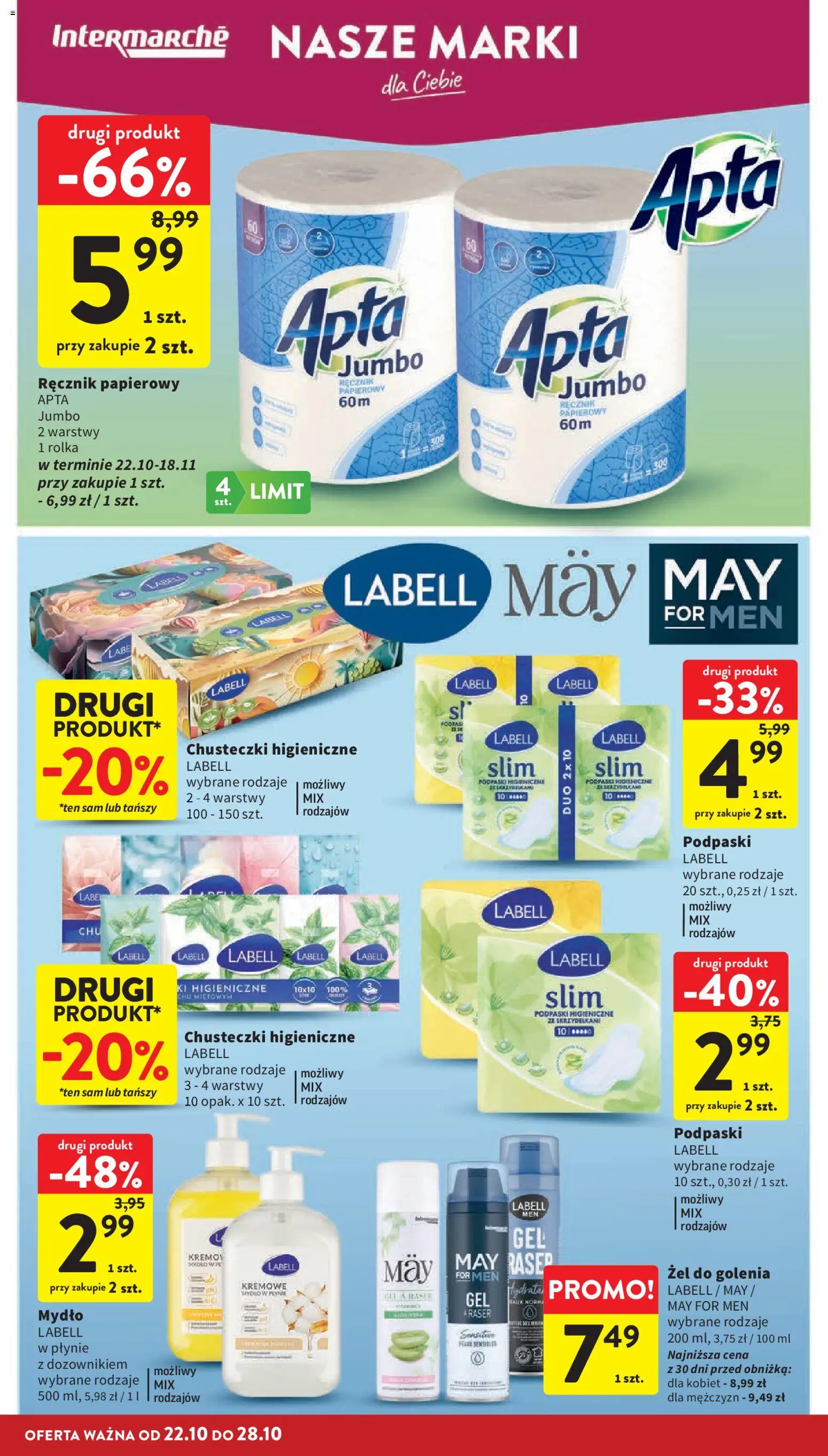Intermarche gazetka od 22.10.2026 | Strona: 34 | Produkty: Chusteczki, Chusteczki higieniczne, Podpaski, Ręcznik papierowy