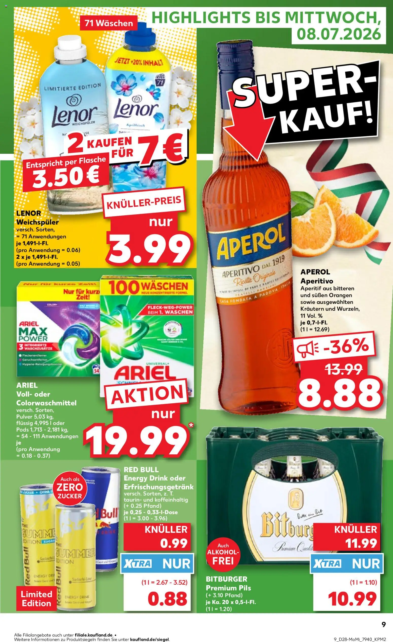 Kaufland Německo leták - Köln od 06.07.2026 | Strana: 9 | Produkty: Lenor, Ariel, Aperol, Energy drink