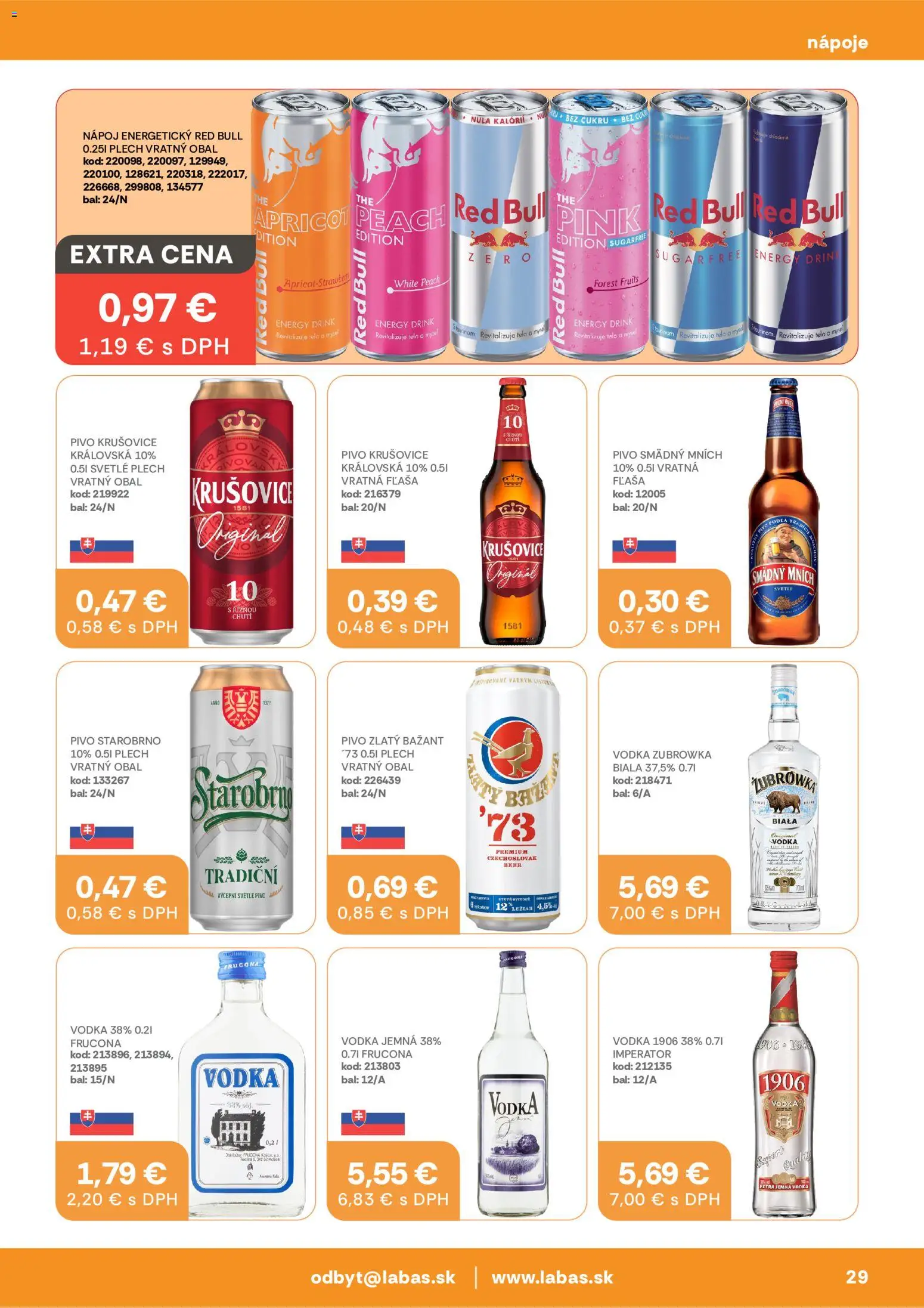 Nové Labaš akcie – leták je platný od 03.07.2026 | Strana: 29 | Produkty: Red Bull, Krušovice, Zlatý Bažant, Vodka