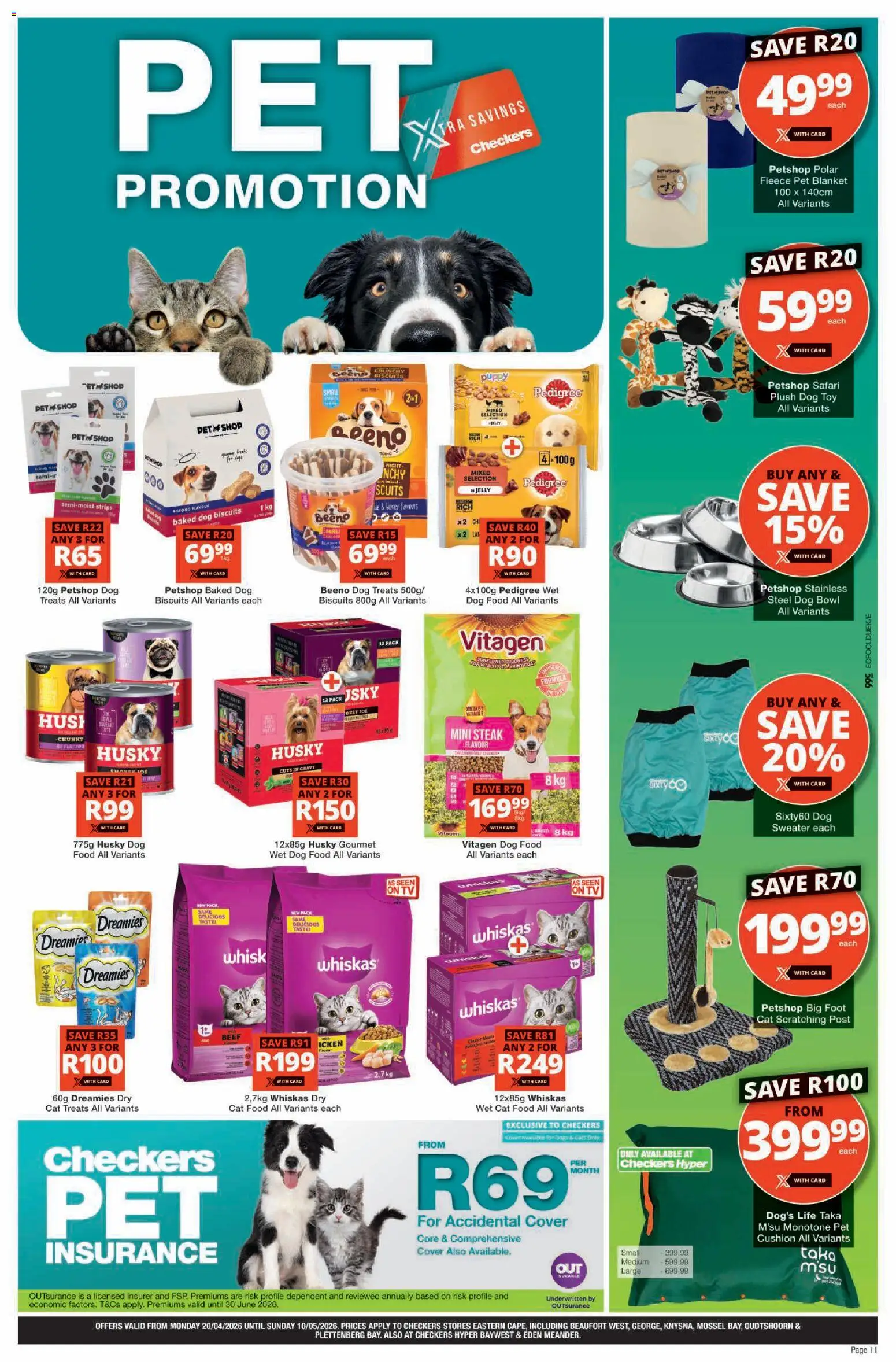 New Checkers catalogue – valid from 20.04.2026 | Page: 11 | Products: Sweater, Bowl, Cat food, Dog food