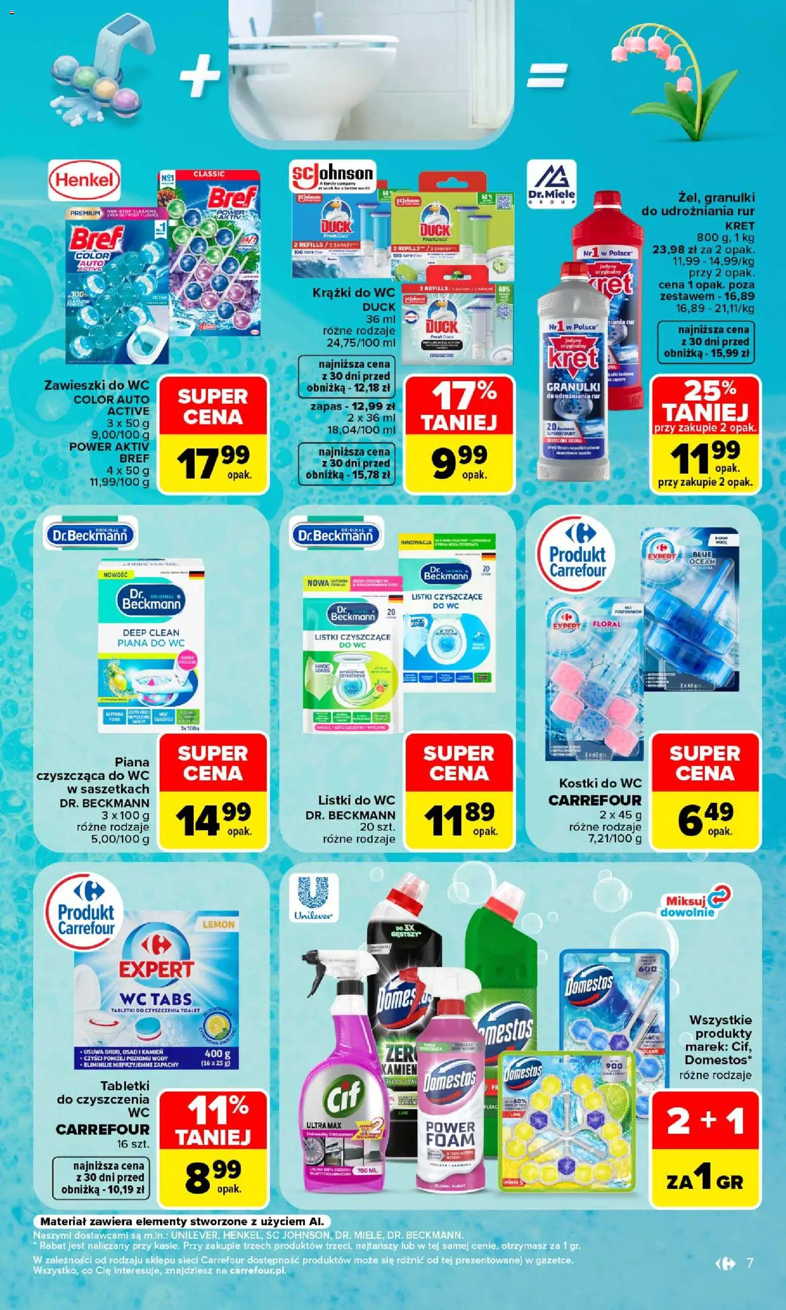 Carrefour gazetka - Porządki pełne okazji od 17.08.2026 | Strona: 7 | Produkty: Kostki do wc, Domestos, Zawieszki do WC, Piana