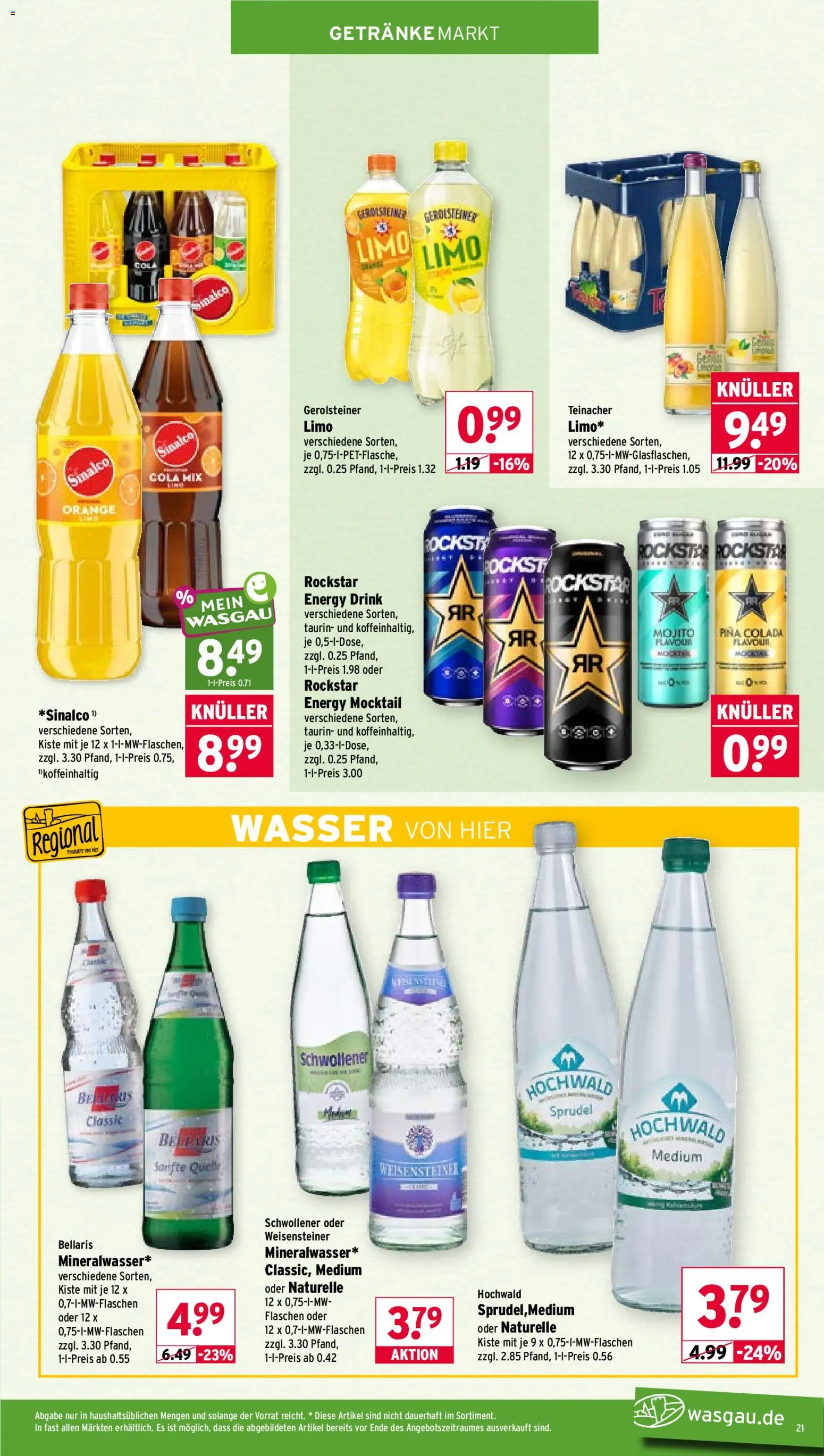 Wasgau Prospekt – gültig ab 10.08.2026 | Seite: 21 | Produkte: Sinalco, Cola, Rockstar, Wasser