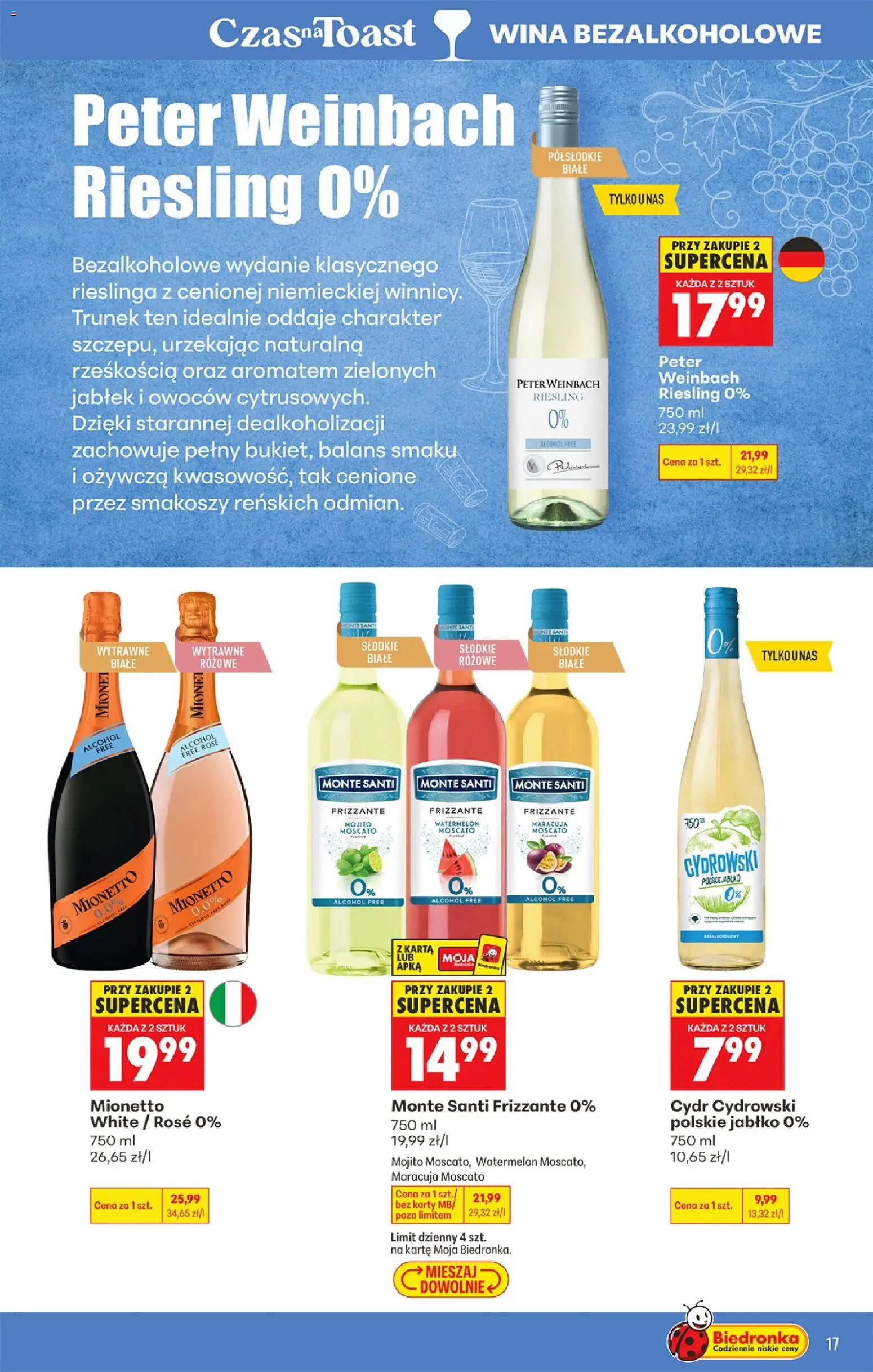 Biedronka gazetka - Czas na toast od 21.09.2026 | Strona: 19 | Produkty: Karta, Riesling, Cydr Cydrowski, Monte Santi